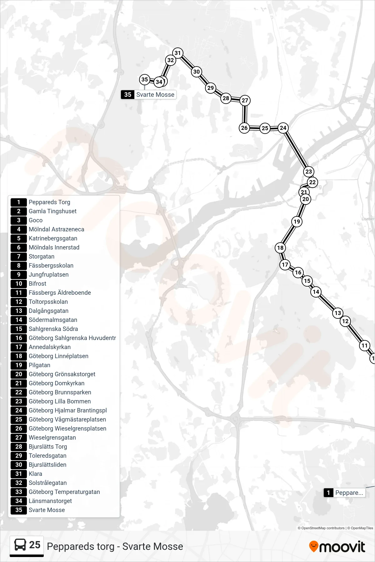 Rutt och hållplatser på karta för linje 25  spårvagn, (Svarte Mosse)