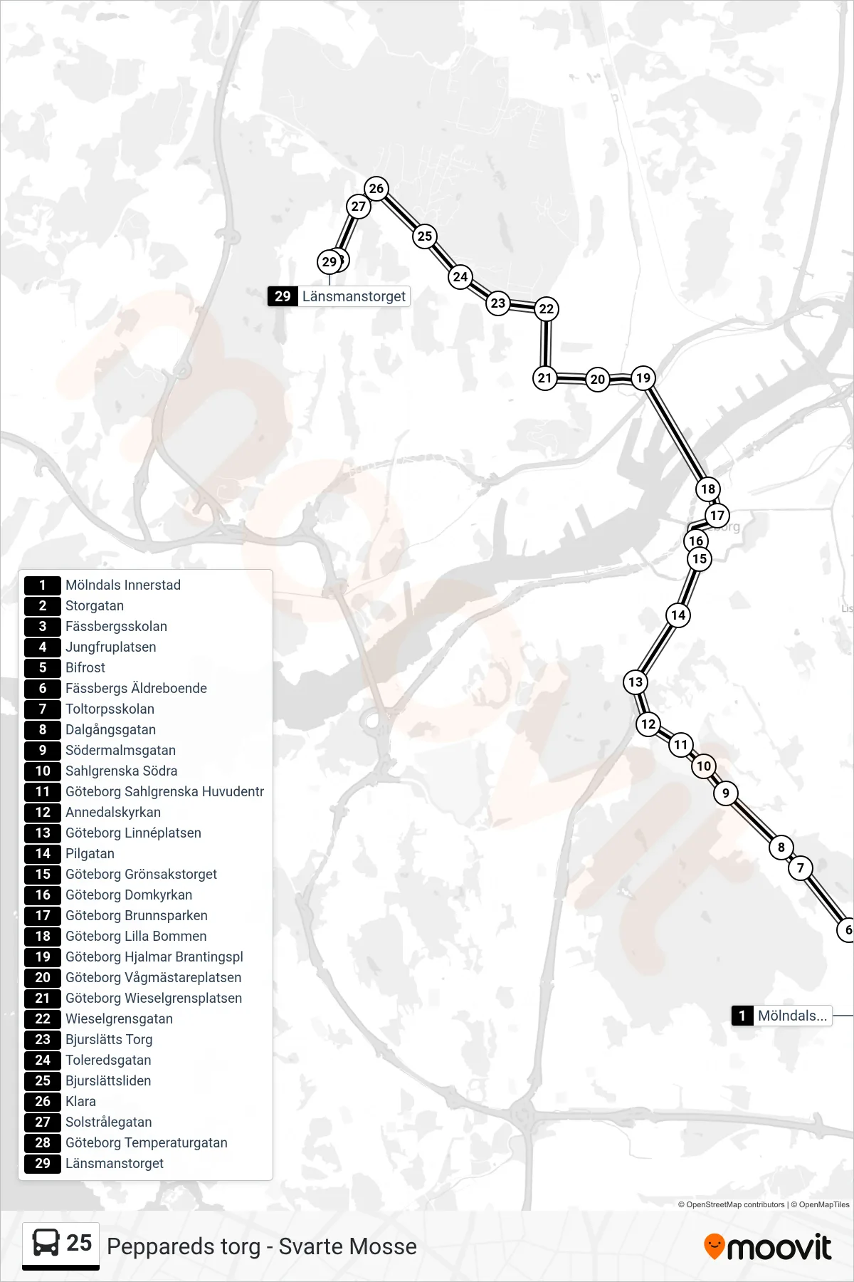 Rutt och hållplatser på karta för linje 25 spårvagn, (Länsmanstorget)