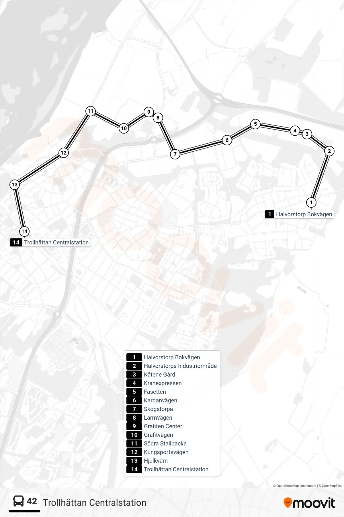 Rutt och hållplatser på karta för linje 42  spårvagn, (Trollhättan Centralstation)