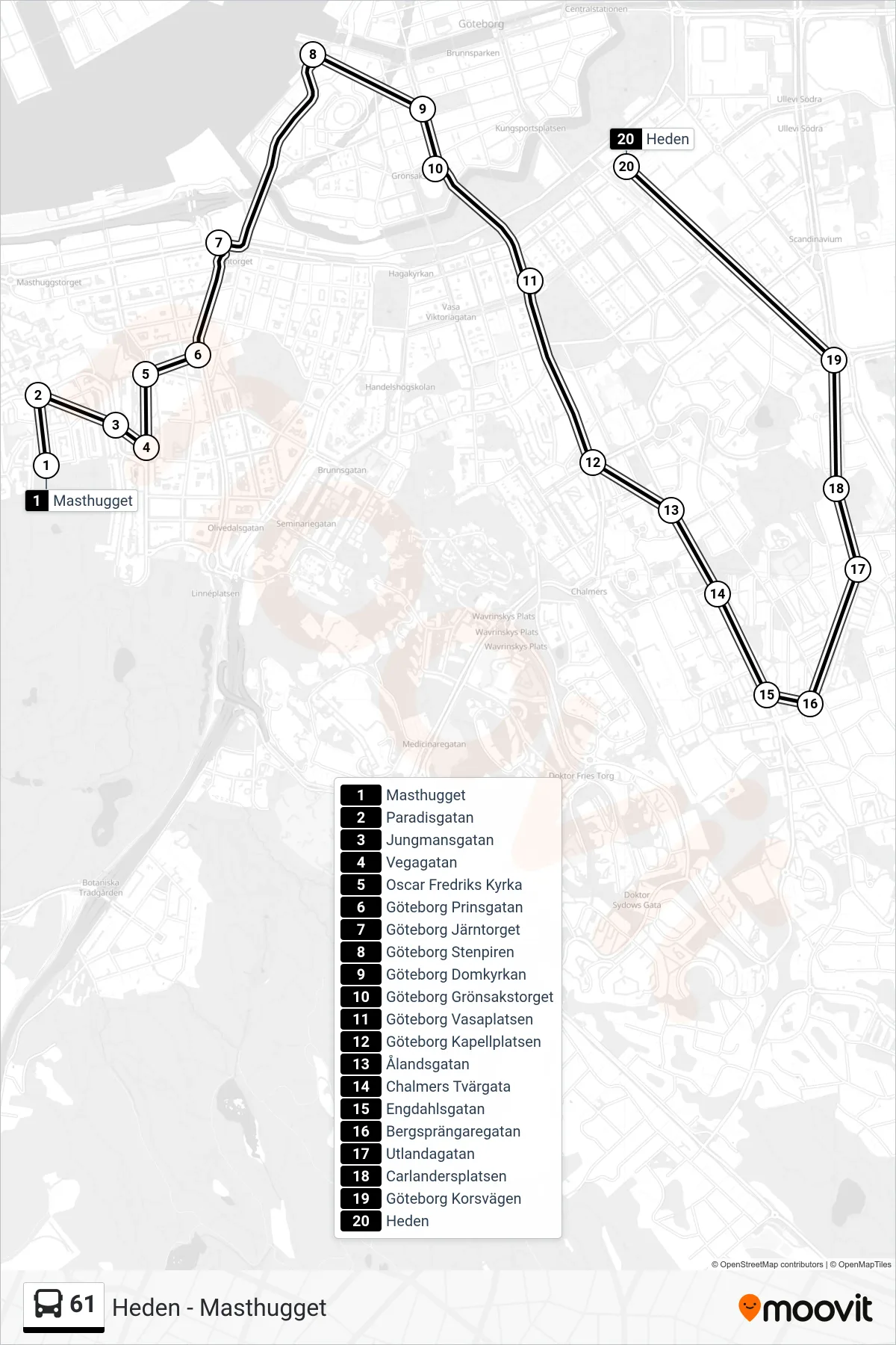 Rutt och hållplatser på karta för linje 61  spårvagn, (Heden)