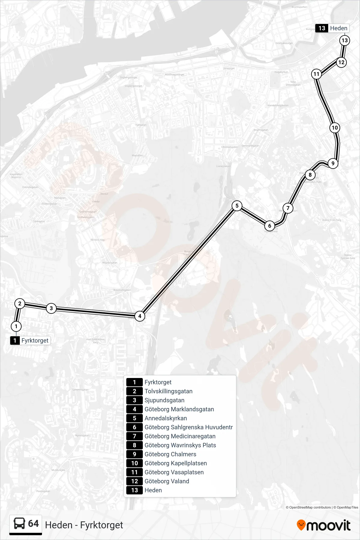 Rutt och hållplatser på karta för linje 64 spårvagn, (Heden)