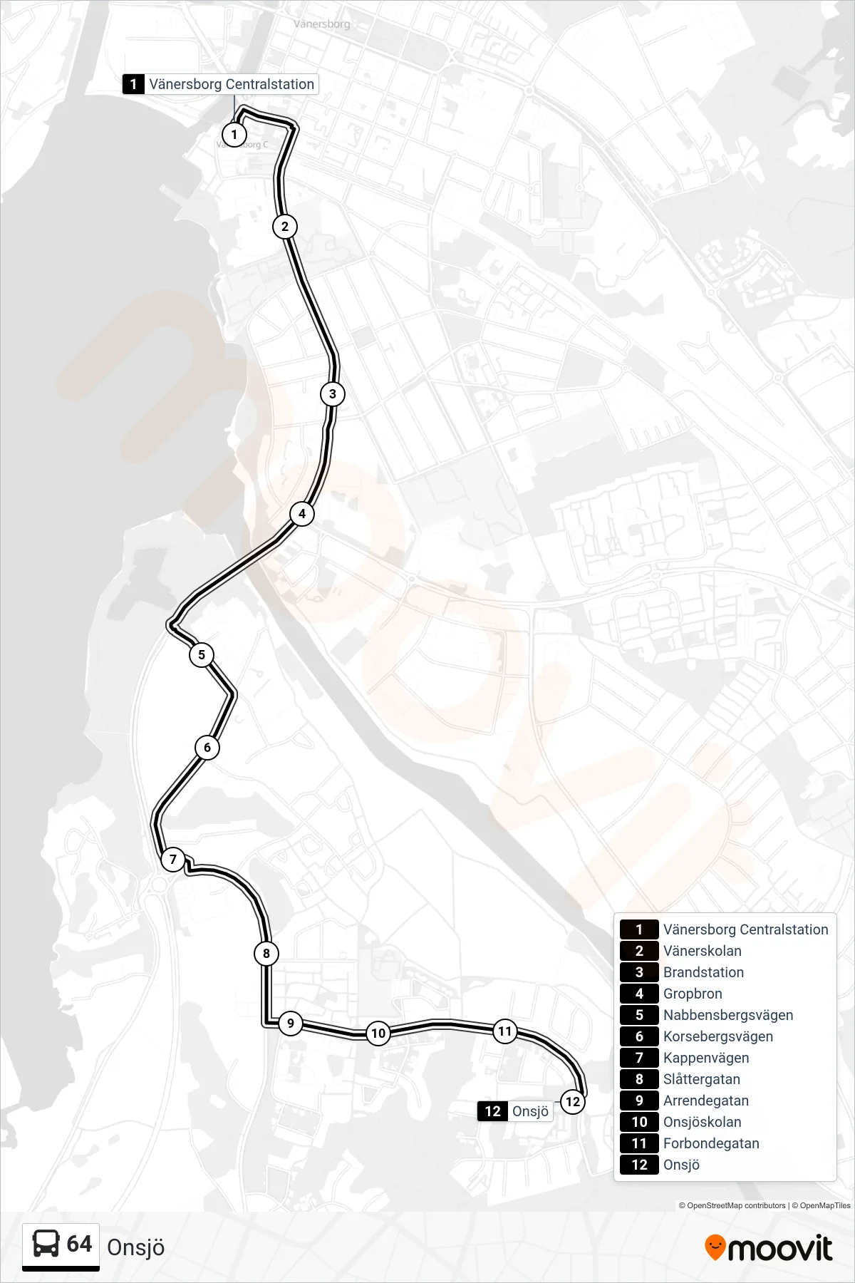 Rutt och hållplatser på karta för linje 64  spårvagn, (Onsjö)
