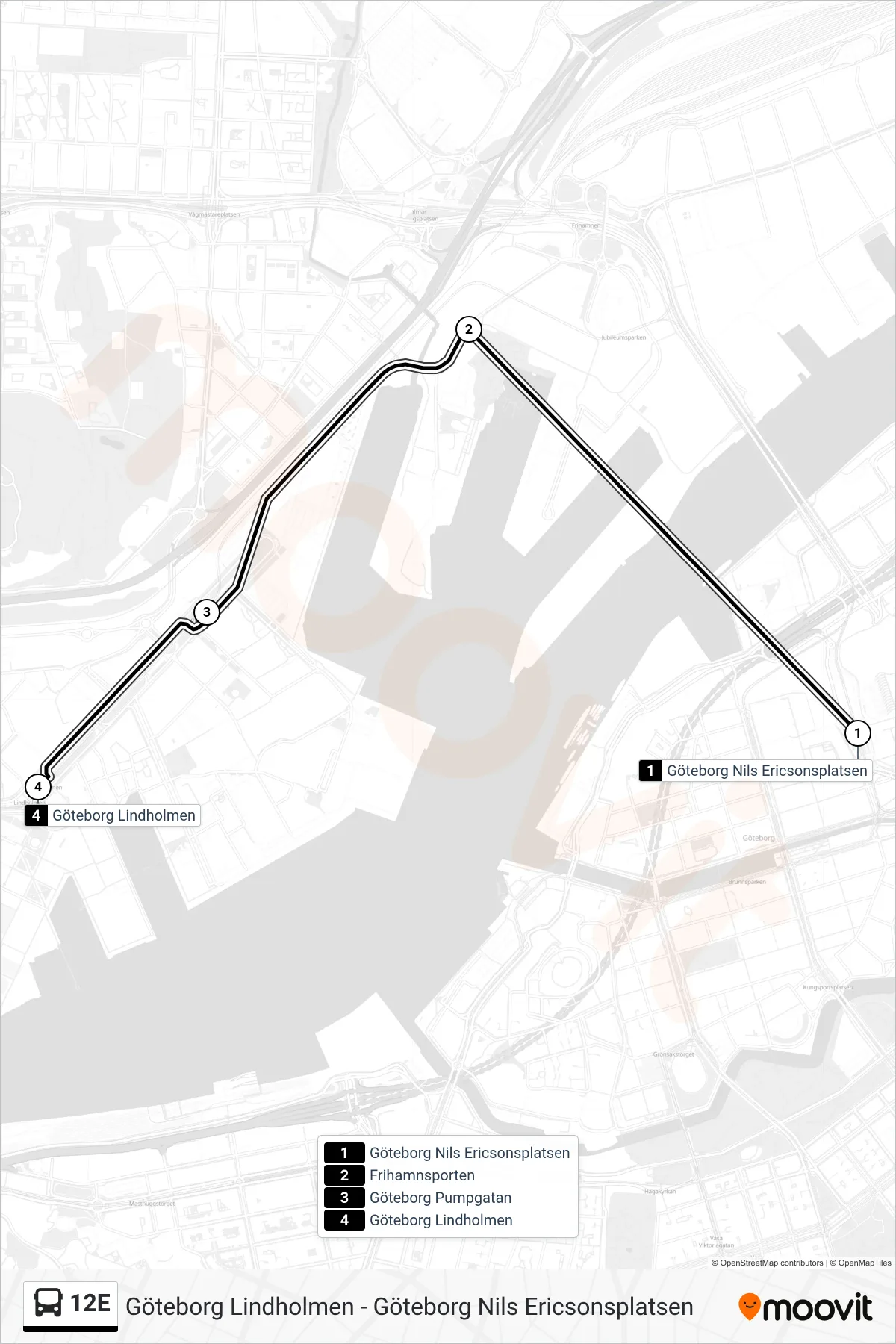 Rutt och hållplatser på karta för linje 12E spårvagn, (Göteborg Lindholmen)