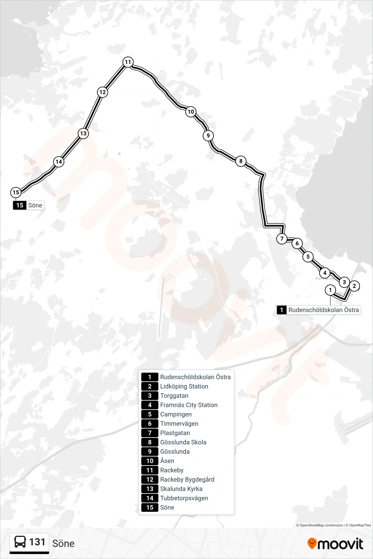Rutt och hållplatser på karta för linje 131  spårvagn, (Söne)