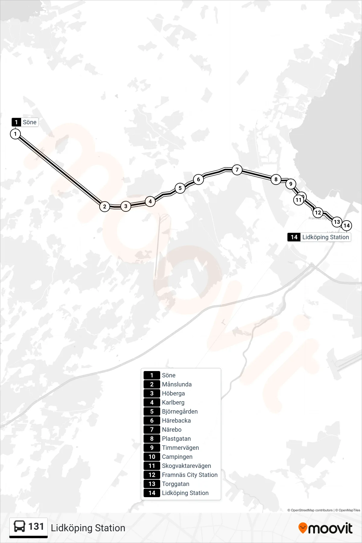 Rutt och hållplatser på karta för linje 131  spårvagn, (Lidköping Station)