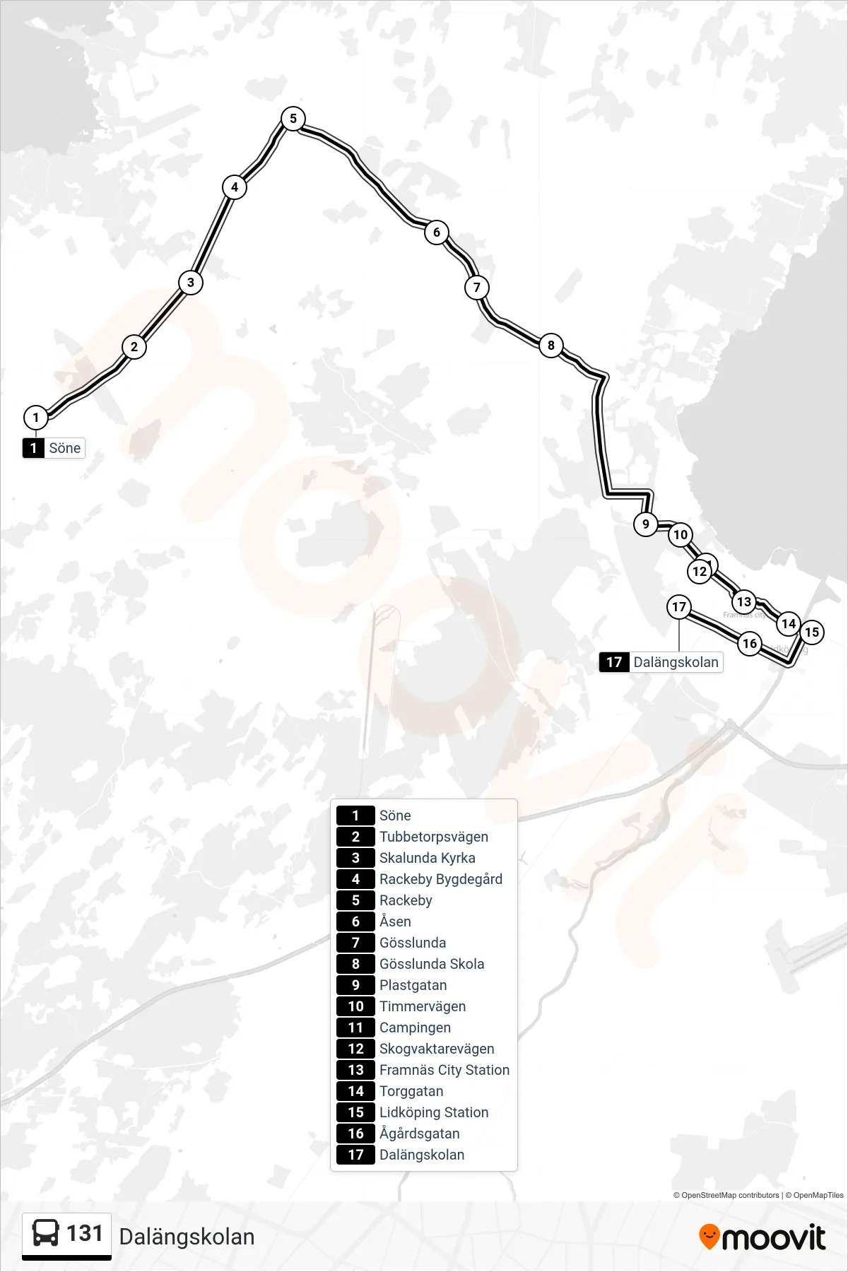 Rutt och hållplatser på karta för linje 131  spårvagn, (Dalängskolan)