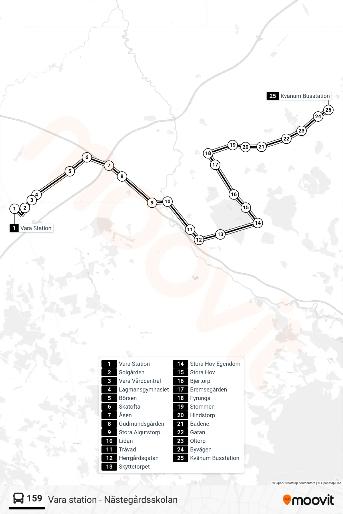 Rutt och hållplatser på karta för linje 159  spårvagn, (Kvänum Busstation)