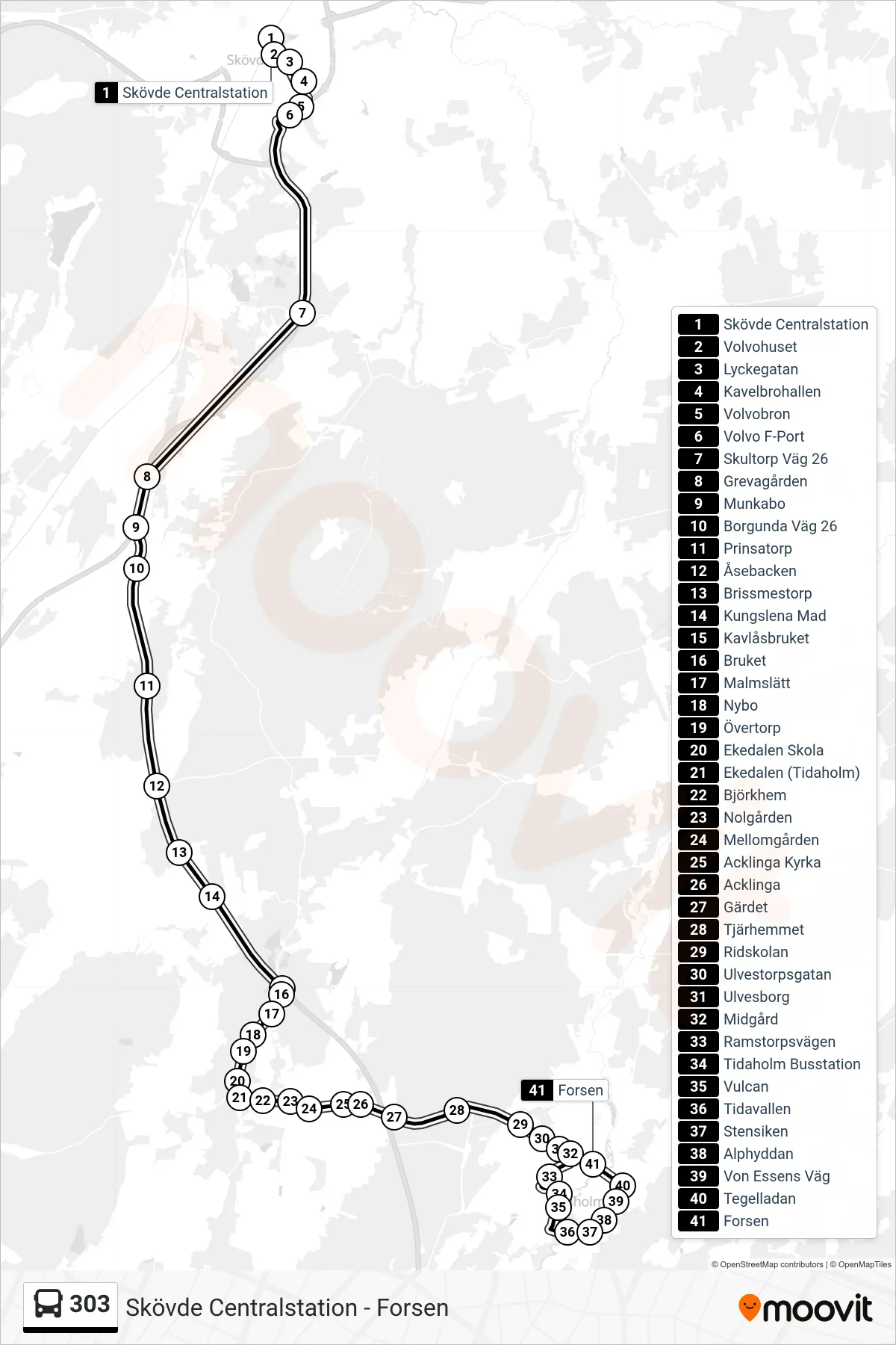 Rutt och hållplatser på karta för linje 303 spårvagn, (Forsen)