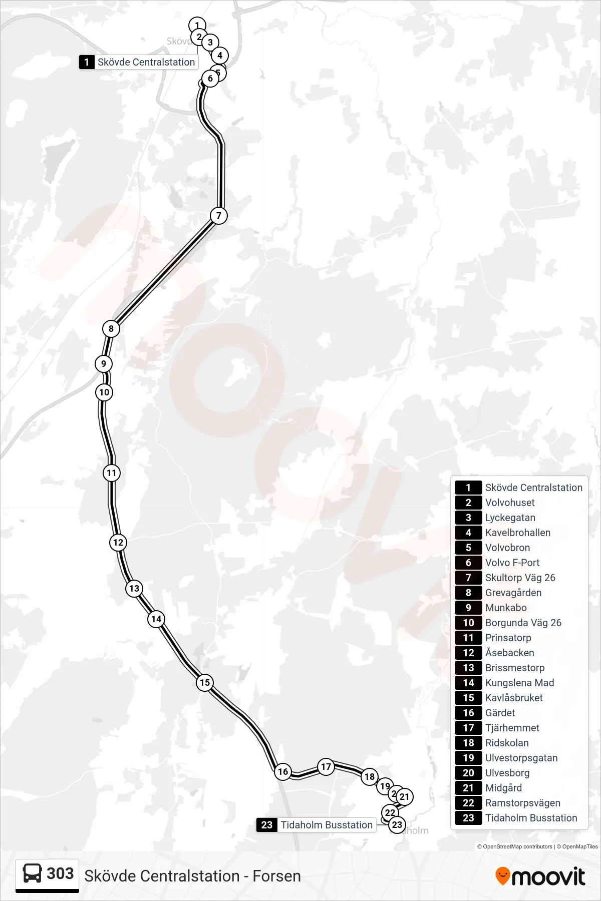 Rutt och hållplatser på karta för linje 303  spårvagn, (Tidaholm Busstation)