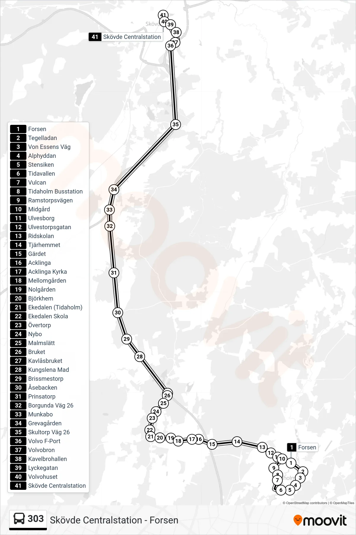 Rutt och hållplatser på karta för linje 303 spårvagn, (Skövde Centralstation)