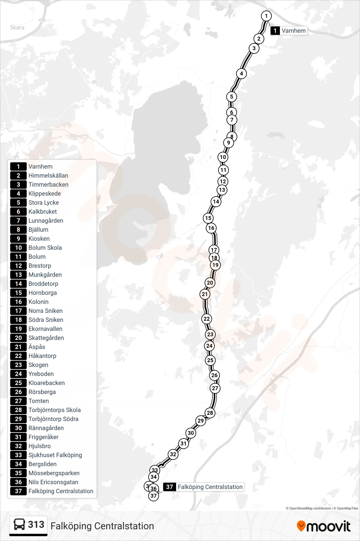 Rutt och hållplatser på karta för linje 313 spårvagn, (Falköping Centralstation)