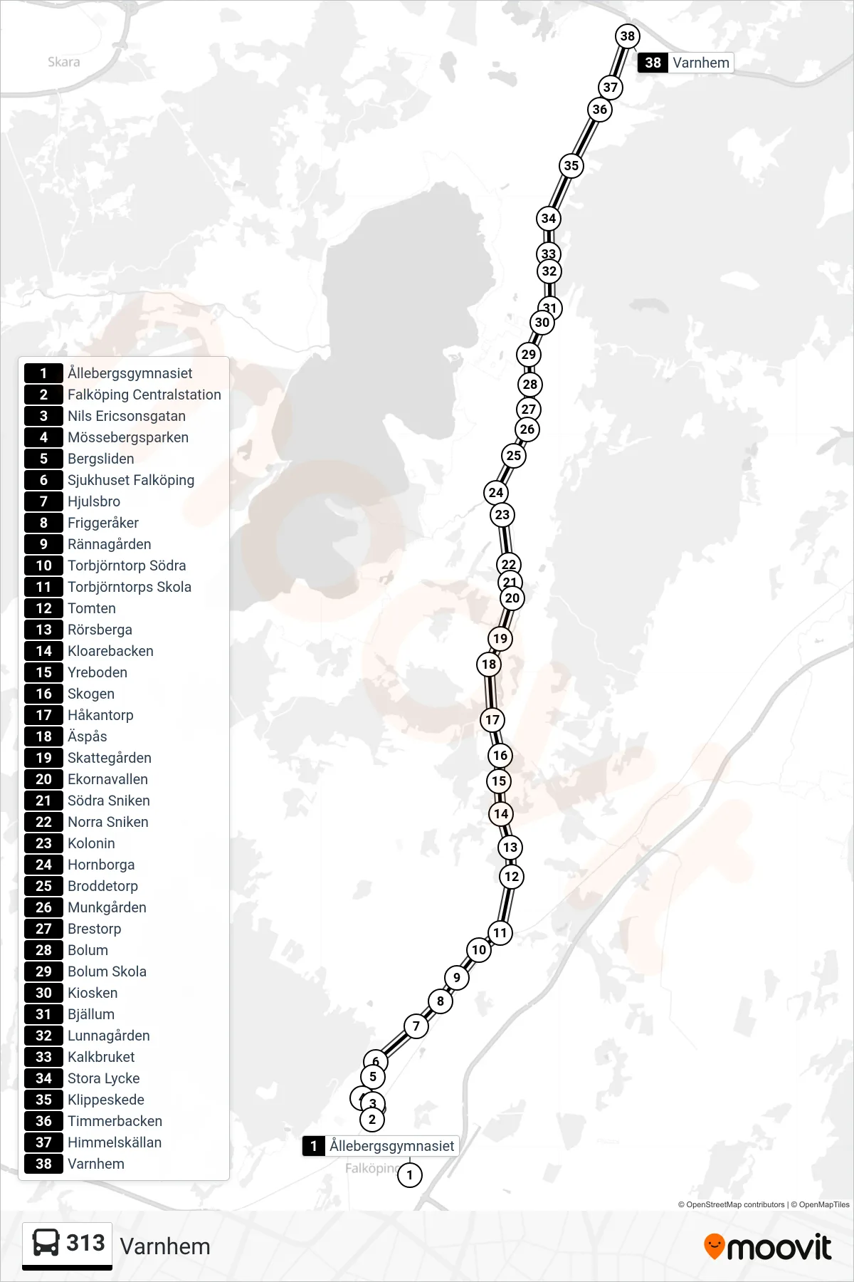 Rutt och hållplatser på karta för linje 313 spårvagn, (Varnhem)