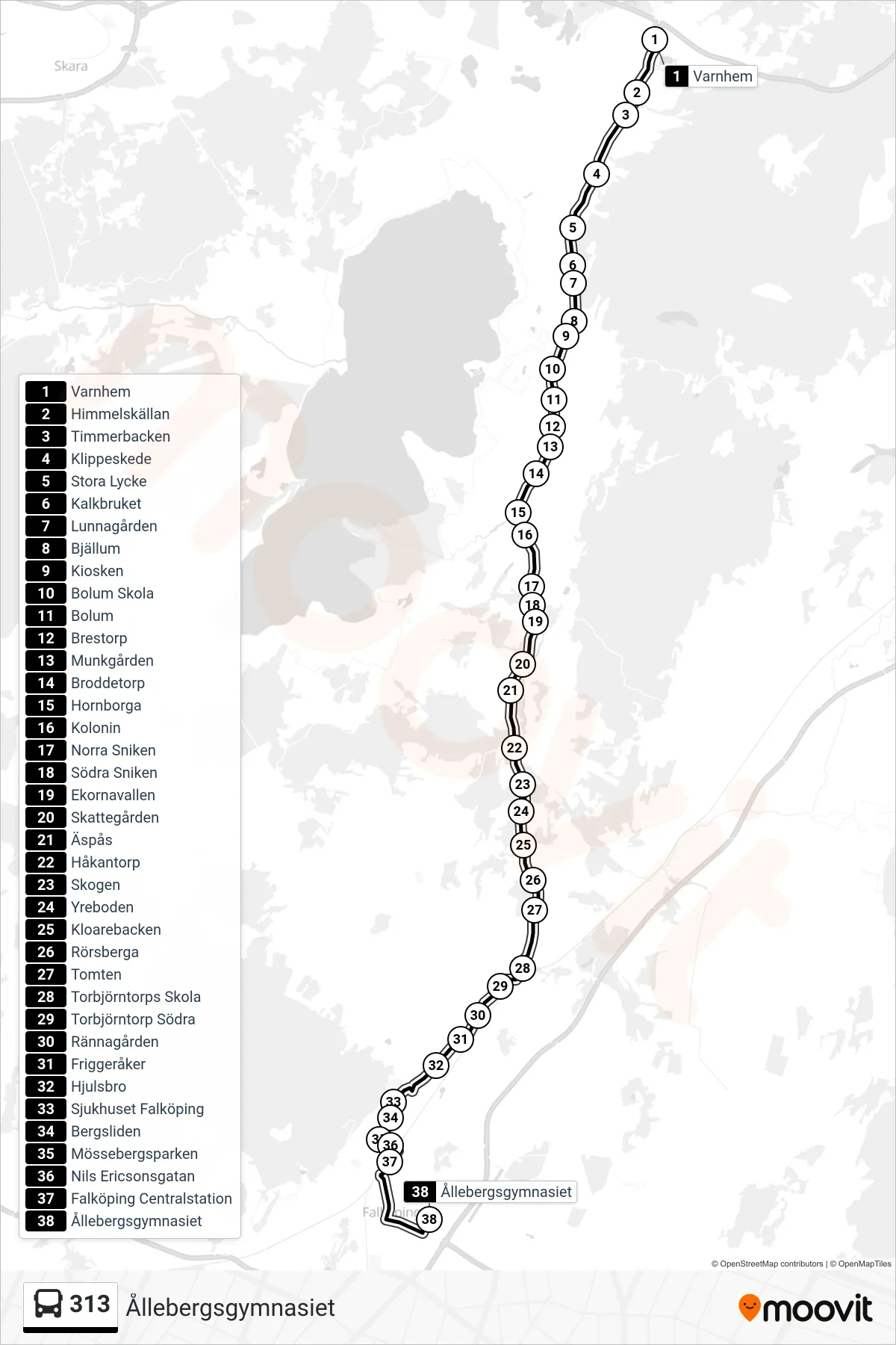Rutt och hållplatser på karta för linje 313 spårvagn, (Ållebergsgymnasiet)