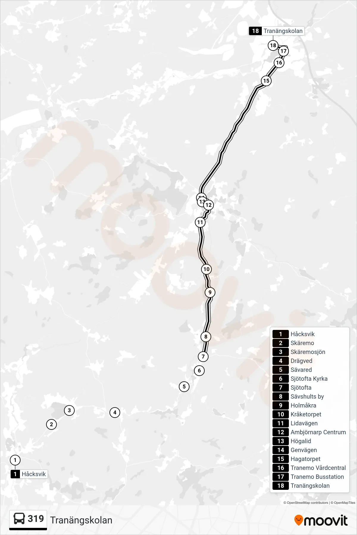 Rutt och hållplatser på karta för linje 319 spårvagn, (Tranängskolan)