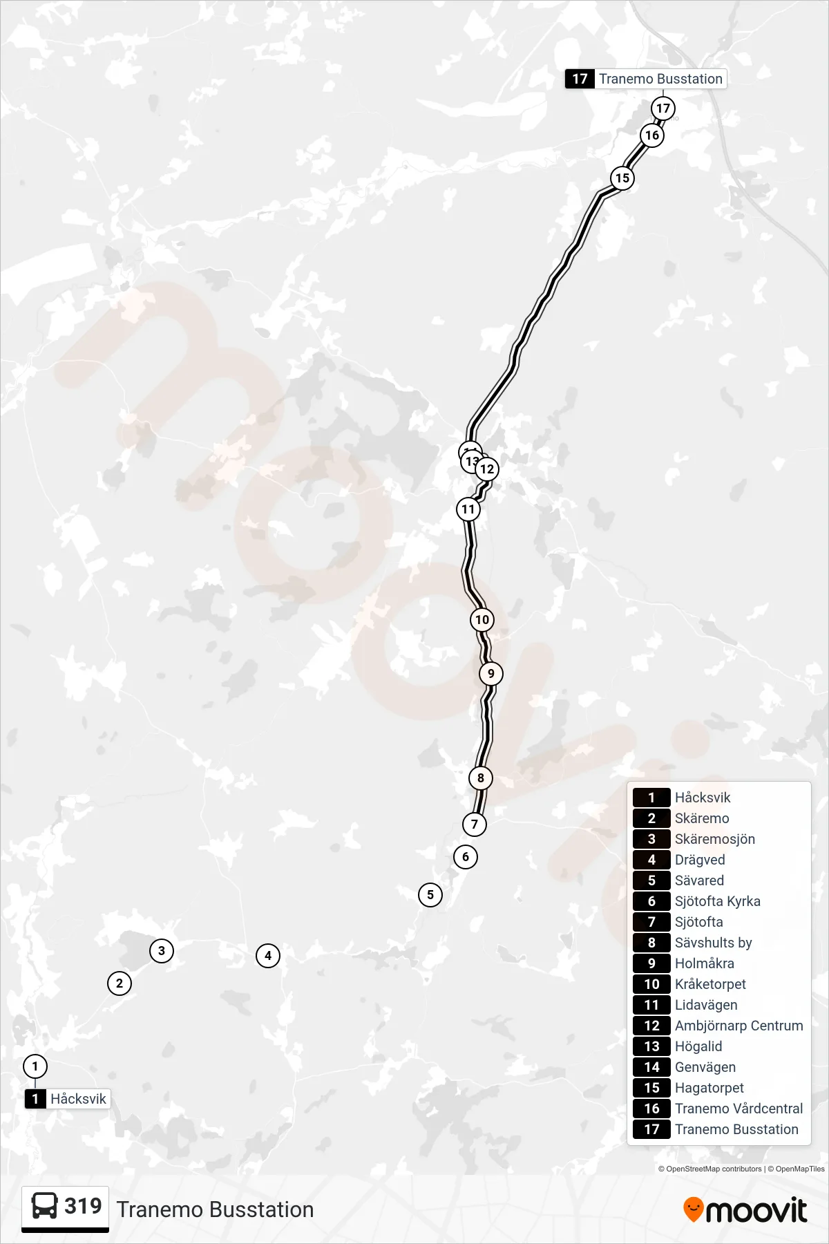Rutt och hållplatser på karta för linje 319  spårvagn, (Tranemo Busstation)
