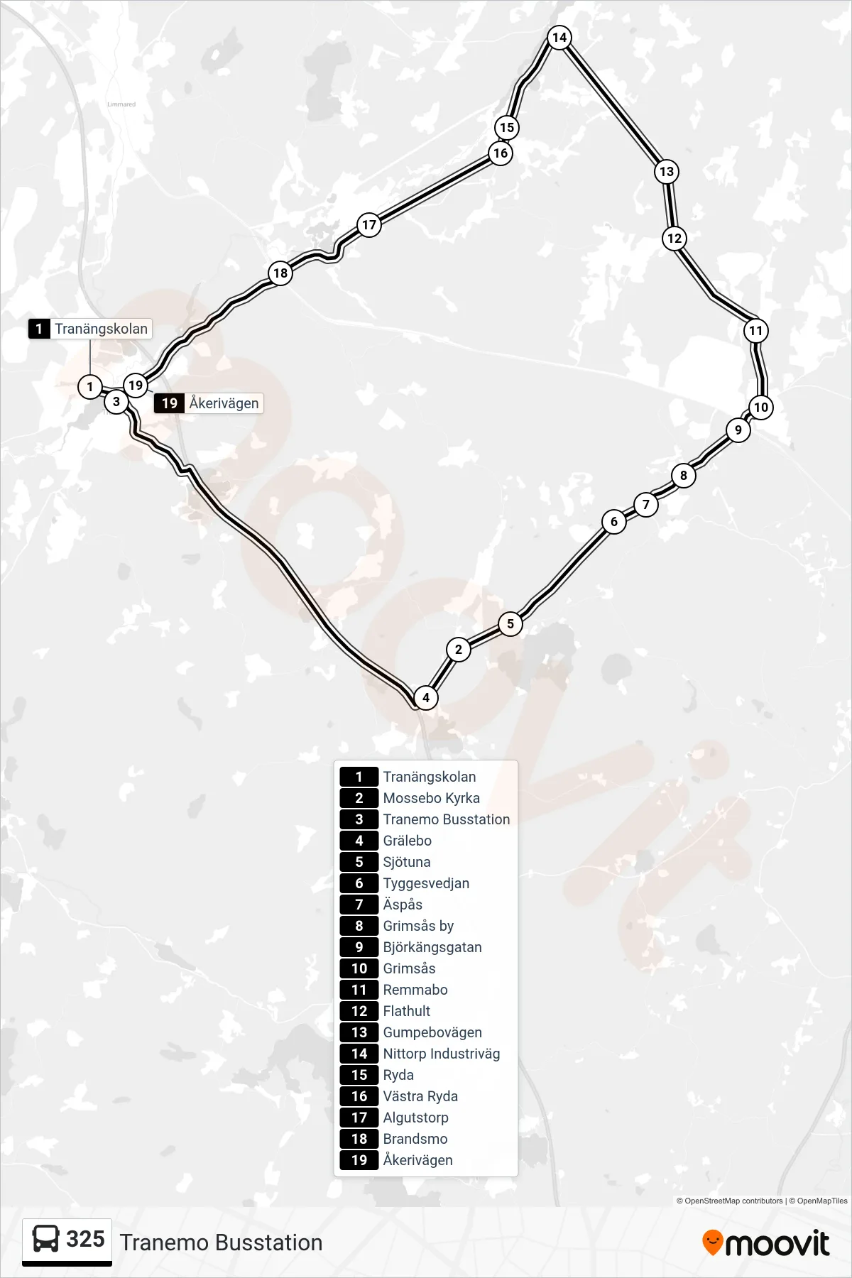 Rutt och hållplatser på karta för linje 325  spårvagn, (Tranemo Busstation)