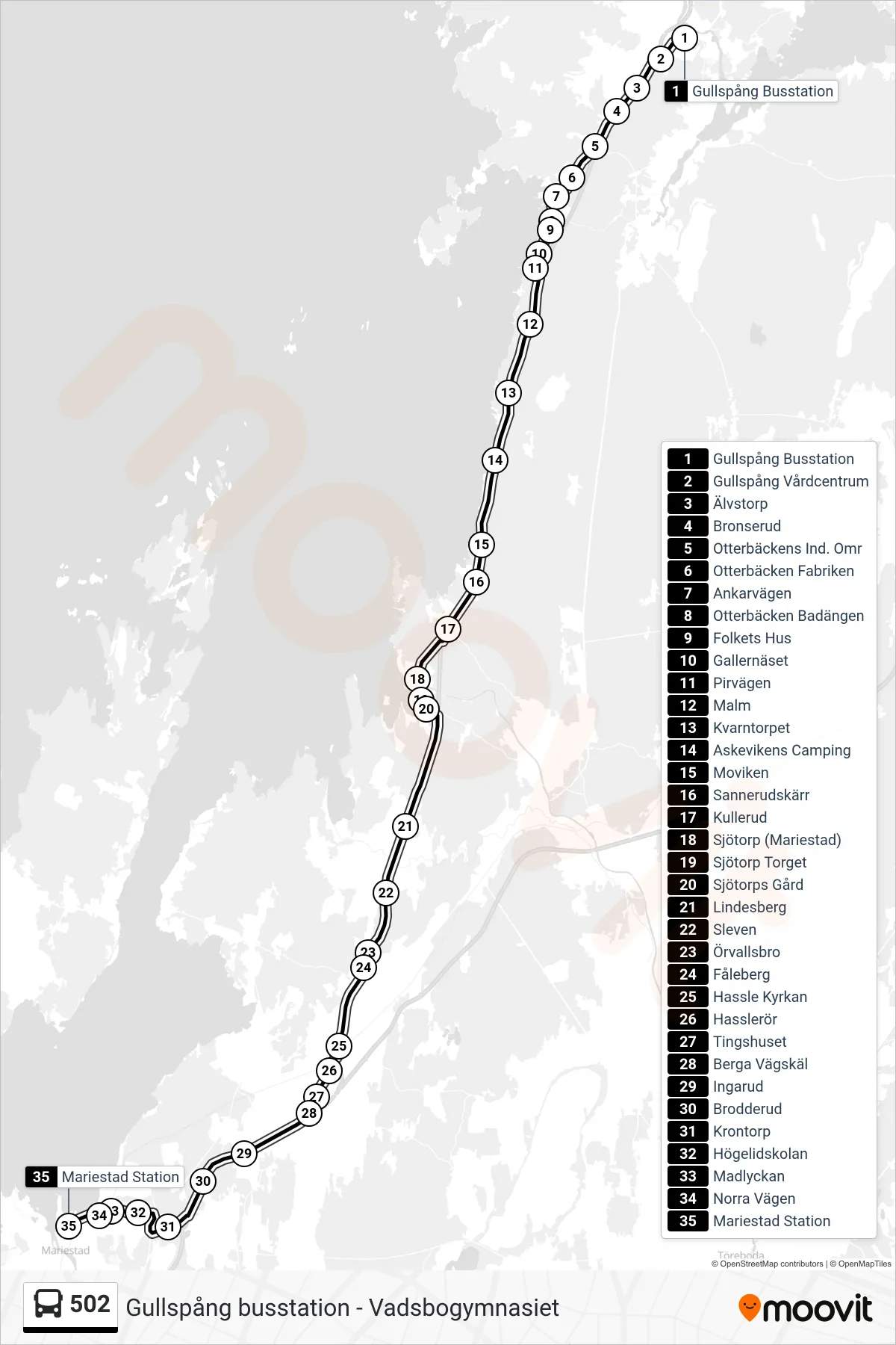 Rutt och hållplatser på karta för linje 502 spårvagn, (Mariestad Station)