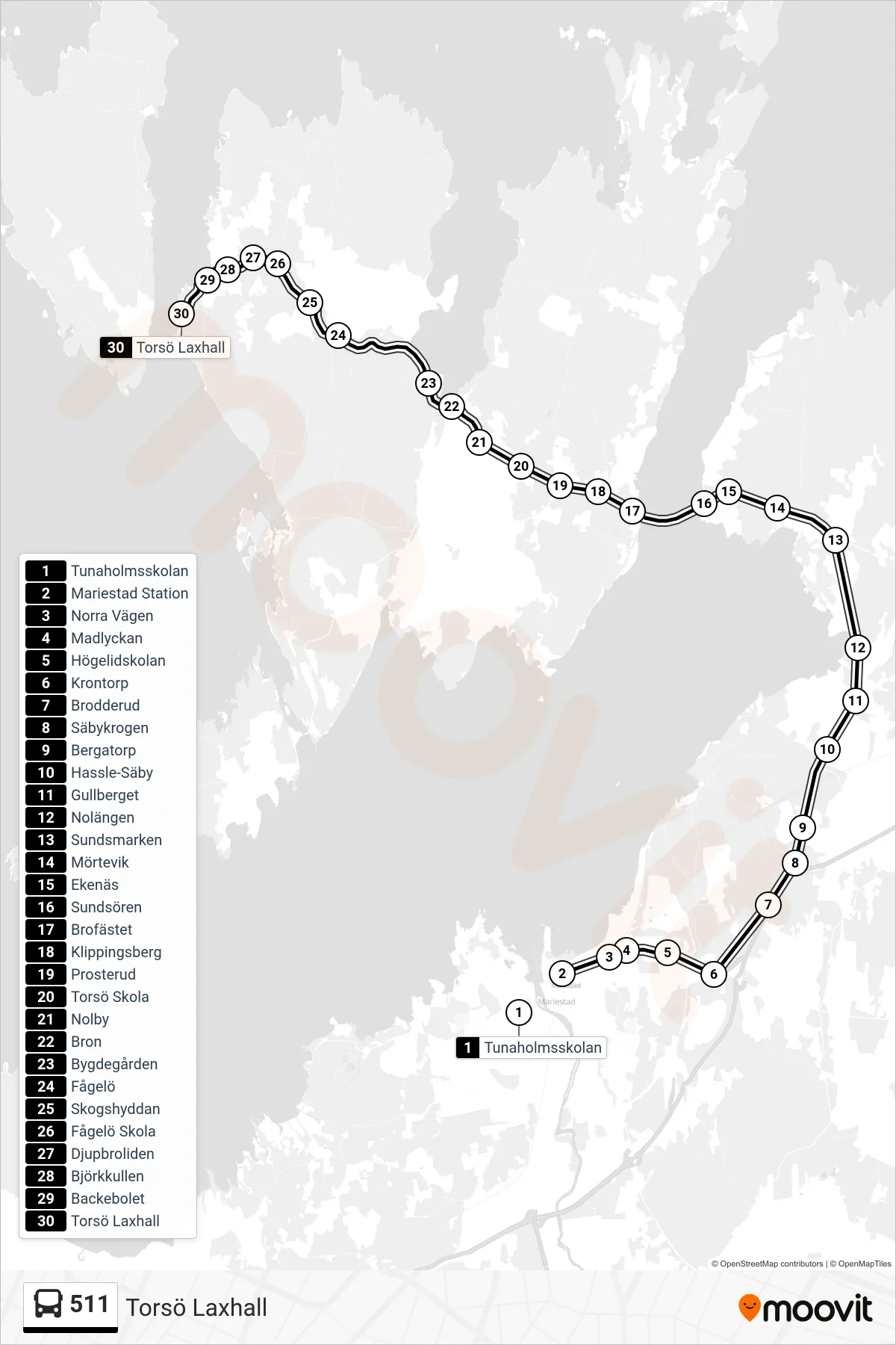 Rutt och hållplatser på karta för linje 511 spårvagn, (Torsö Laxhall)