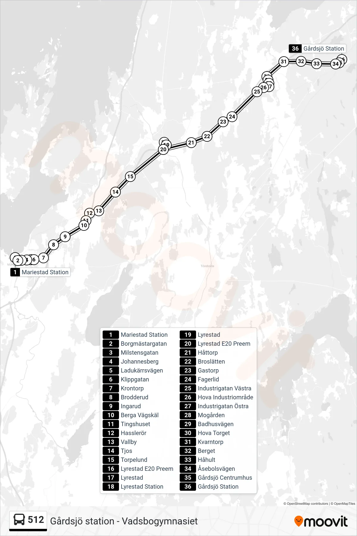 Rutt och hållplatser på karta för linje 512  spårvagn, (Gårdsjö Station)