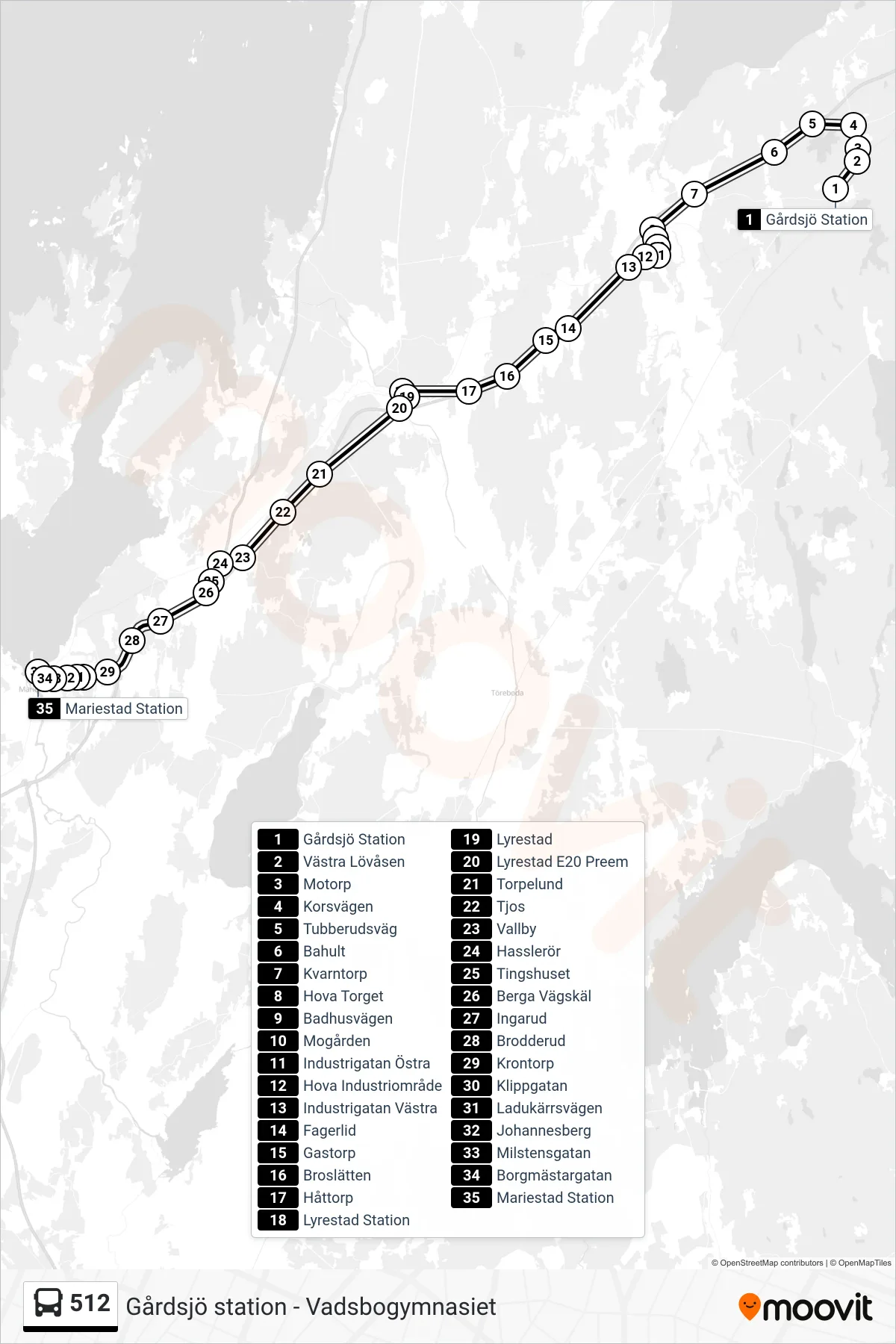 Rutt och hållplatser på karta för linje 512  spårvagn, (Mariestad Station)