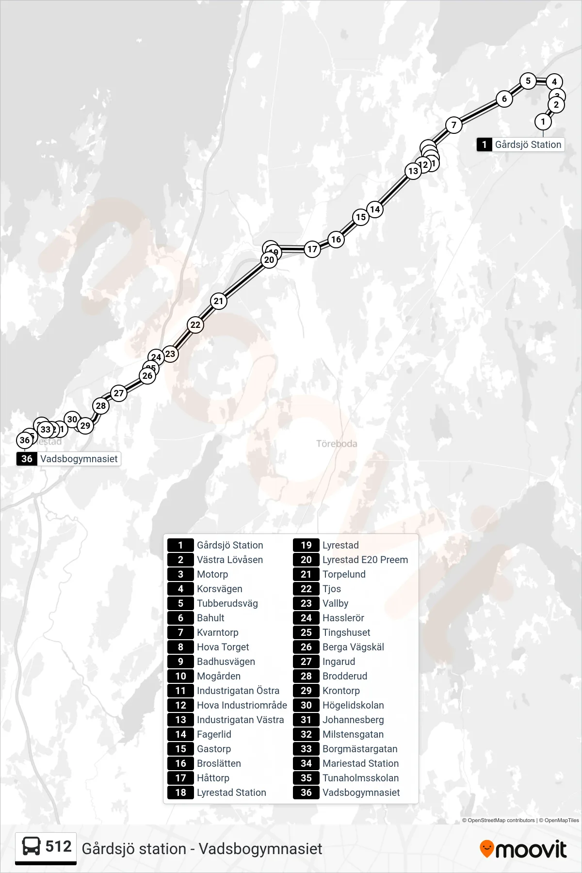 Rutt och hållplatser på karta för linje 512 spårvagn, (Vadsbogymnasiet)