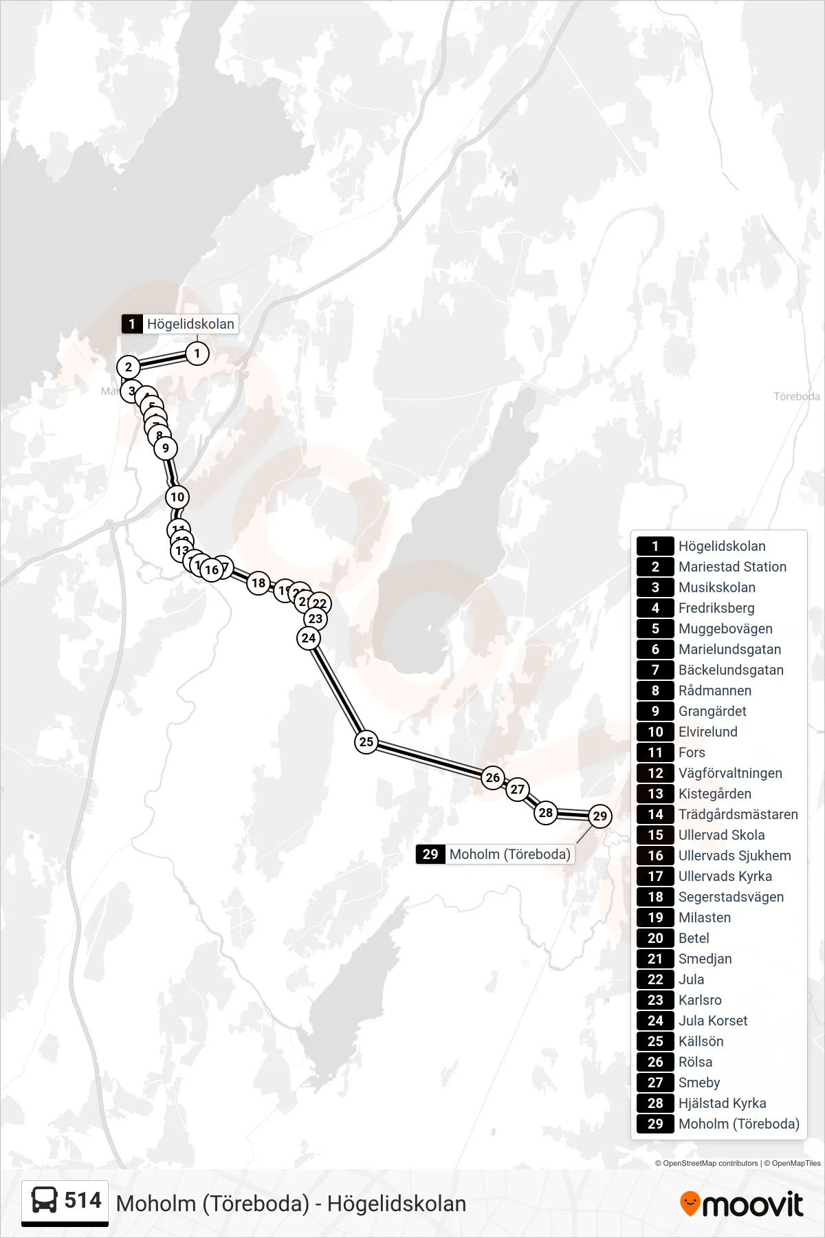 Rutt och hållplatser på karta för linje 514 spårvagn, (Moholm (Töreboda))