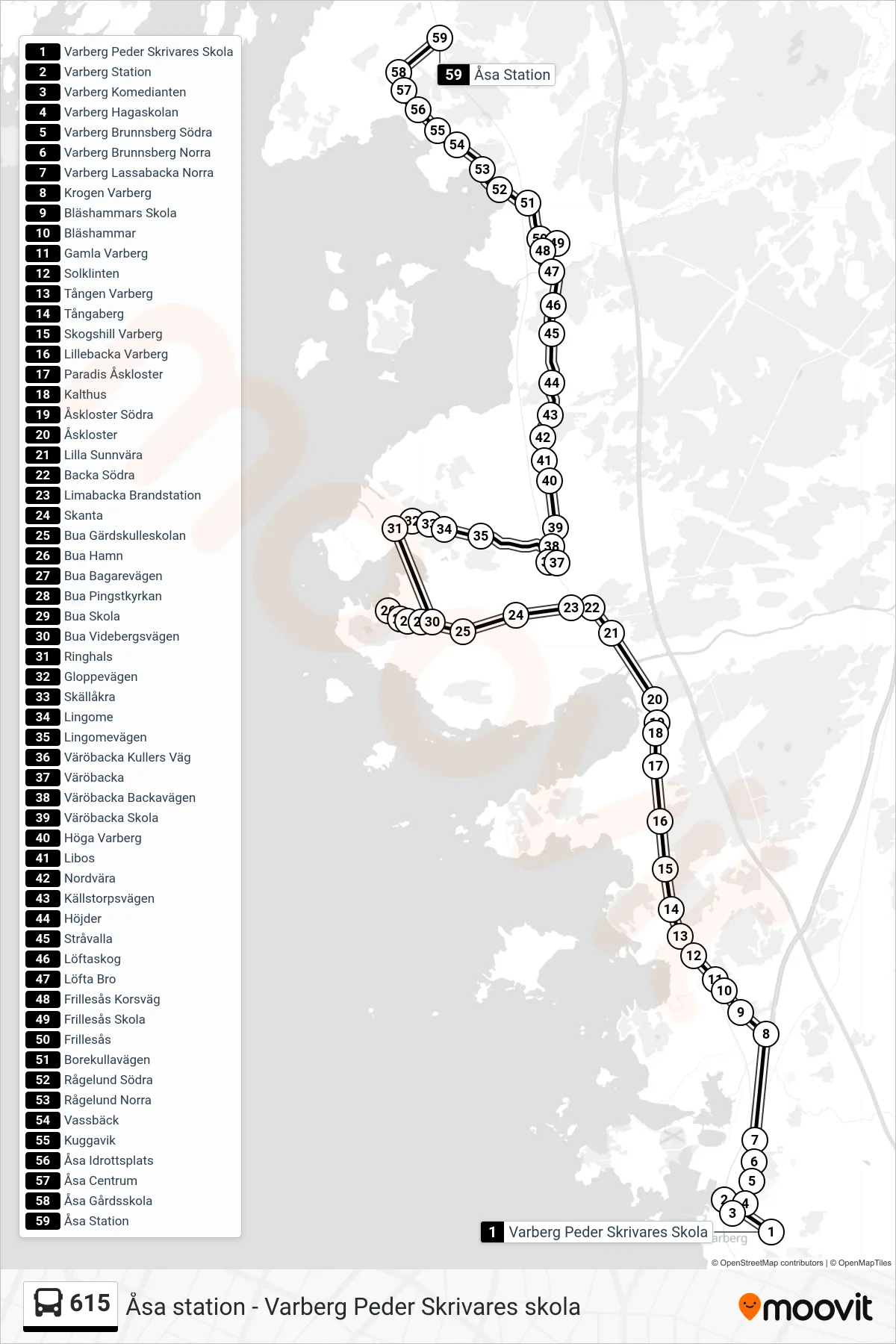 Rutt och hållplatser på karta för linje 615 spårvagn, (Åsa Station)