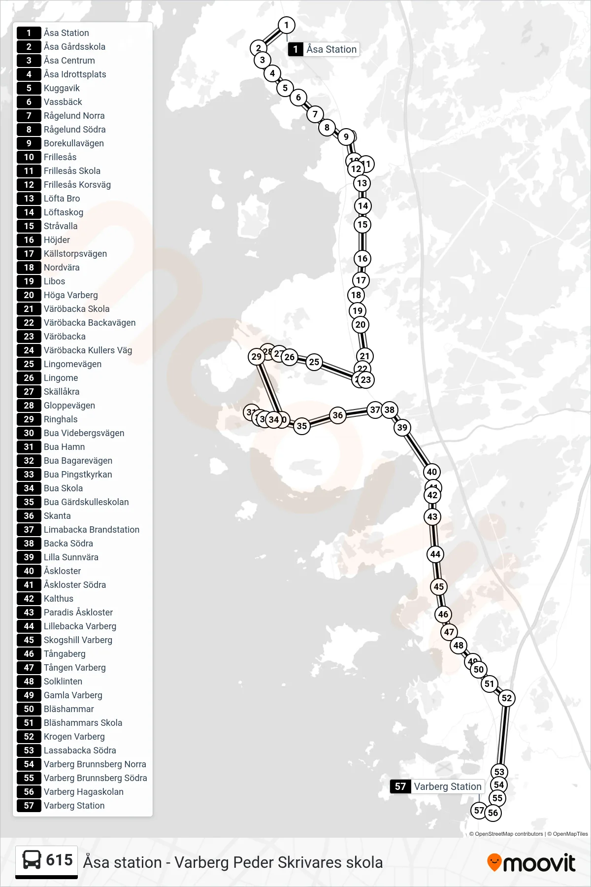 Rutt och hållplatser på karta för linje 615 spårvagn, (Varberg Station)