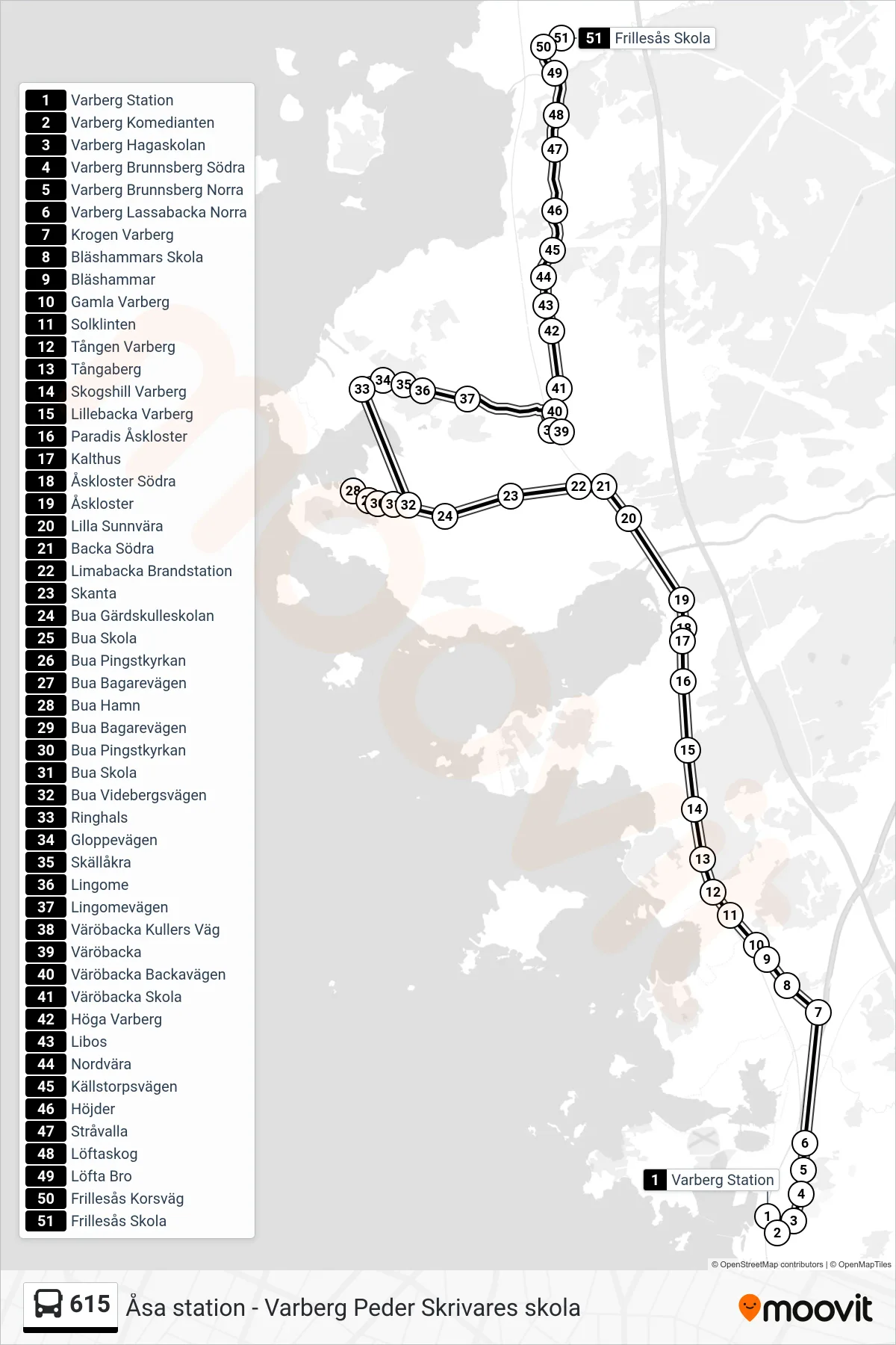 Rutt och hållplatser på karta för linje 615  spårvagn, (Frillesås Skola)