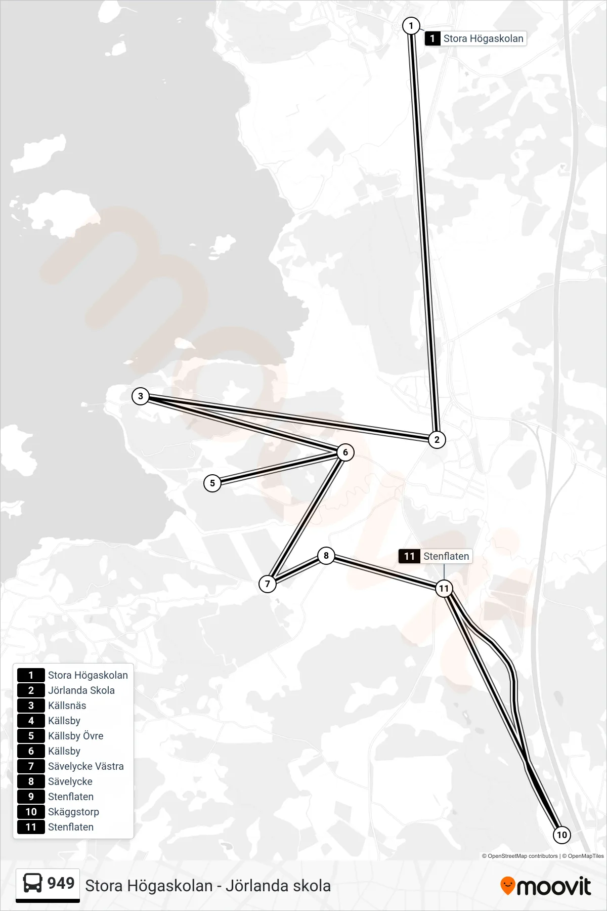 Rutt och hållplatser på karta för linje 949 spårvagn, (Stenflaten)