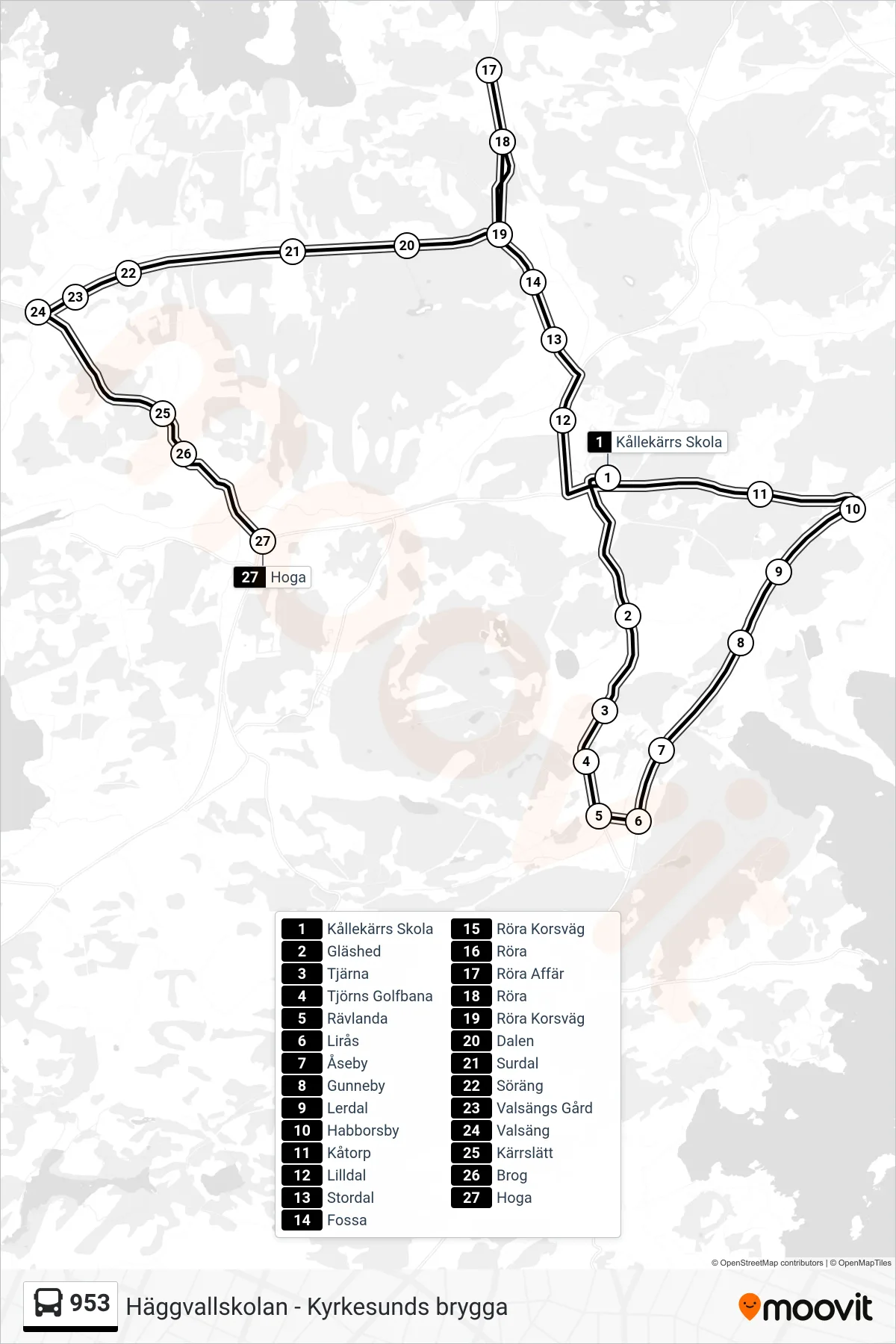 Rutt och hållplatser på karta för linje 953 spårvagn, (Hoga)