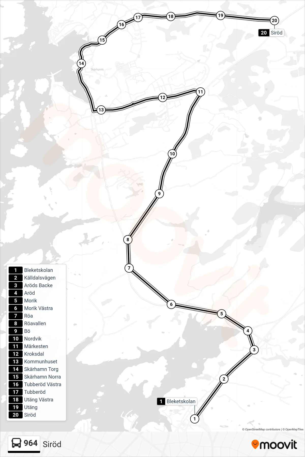 Rutt och hållplatser på karta för linje 964 spårvagn, (Siröd)
