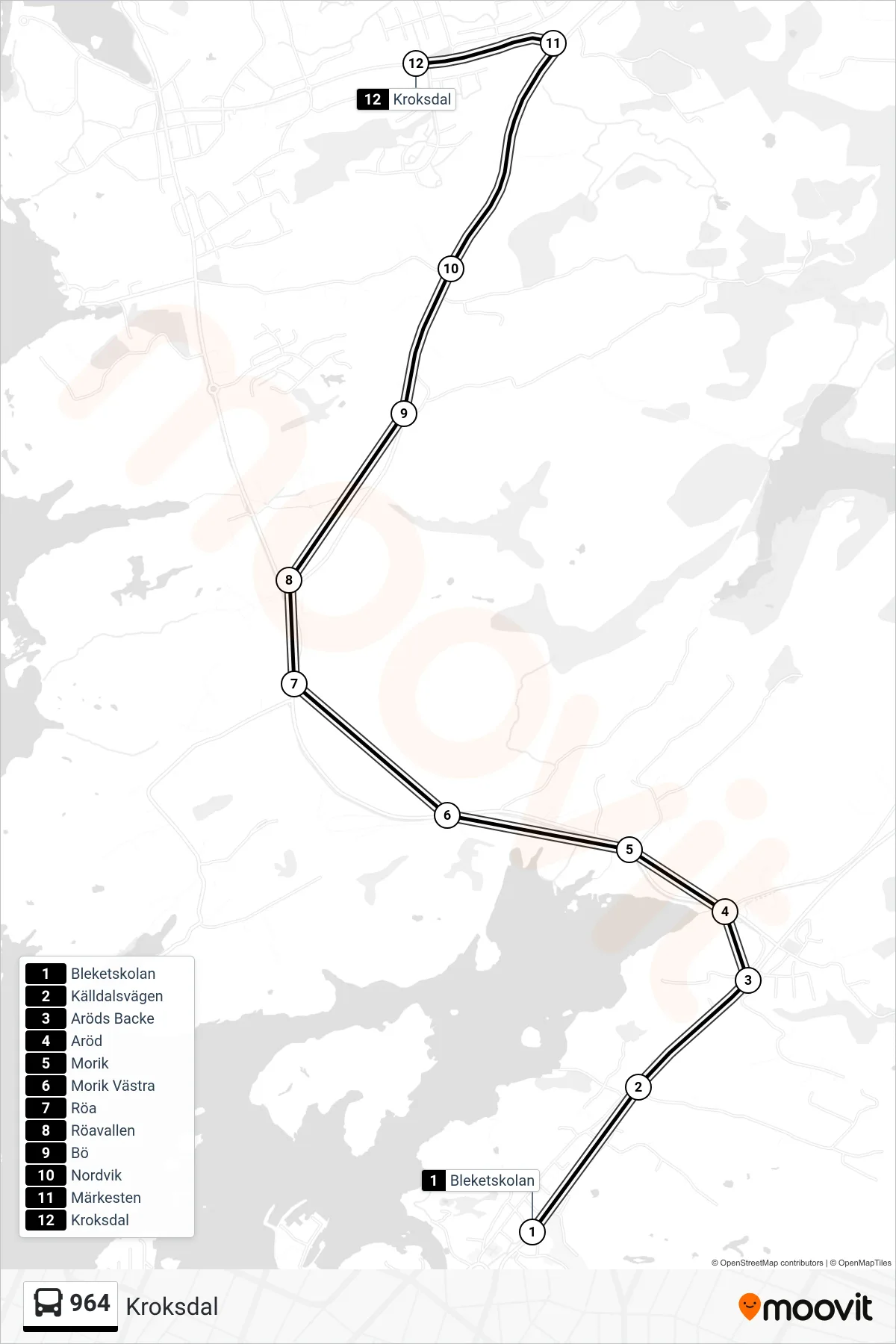 Rutt och hållplatser på karta för linje 964  spårvagn, (Kroksdal)