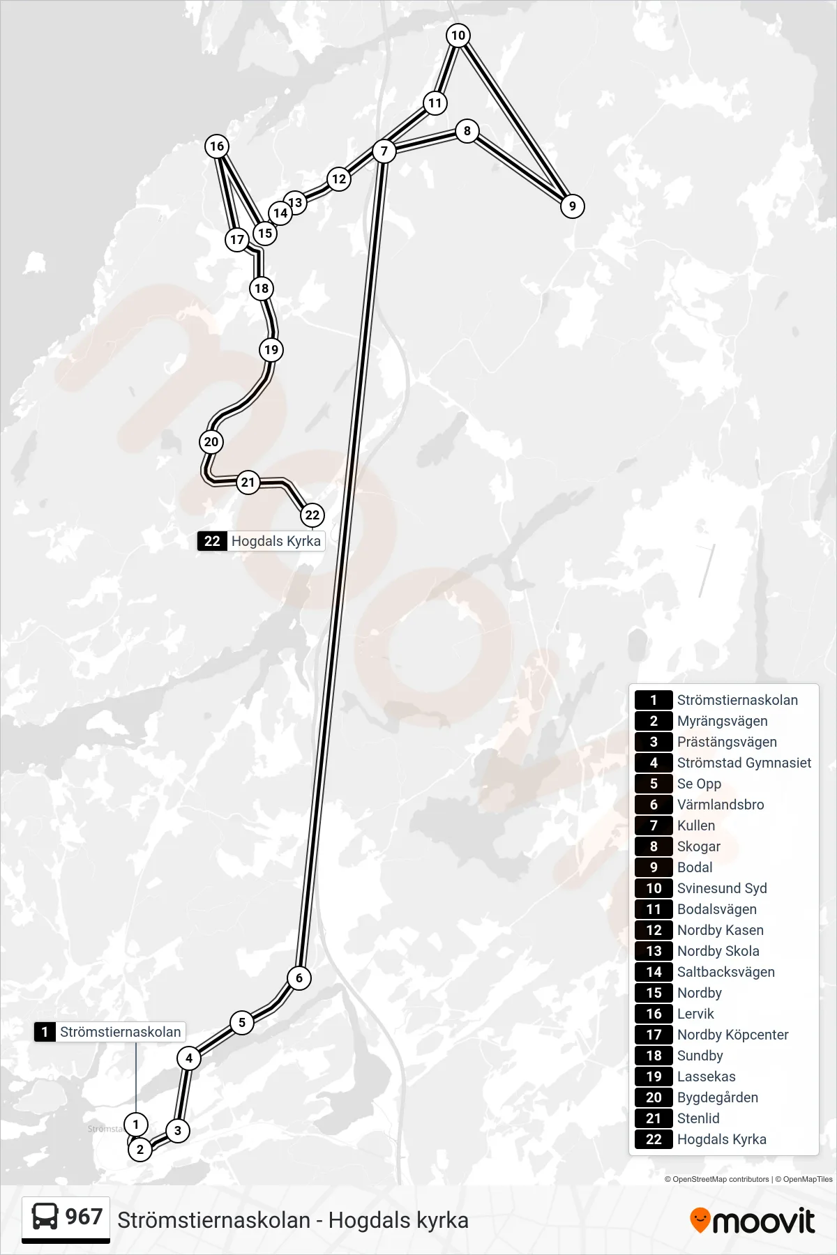 Rutt och hållplatser på karta för linje 967 spårvagn, (Hogdals Kyrka)