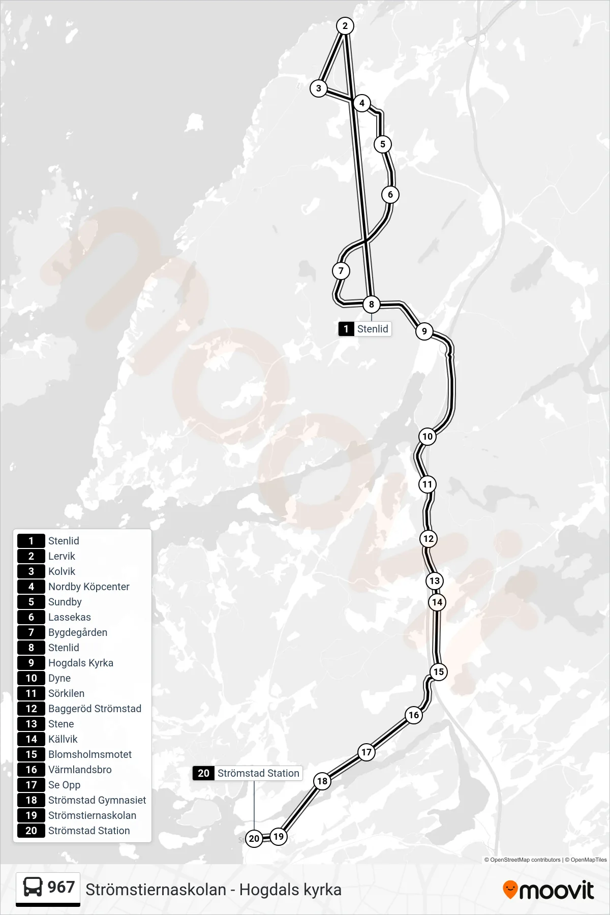 Rutt och hållplatser på karta för linje 967 spårvagn, (Strömstad Station)