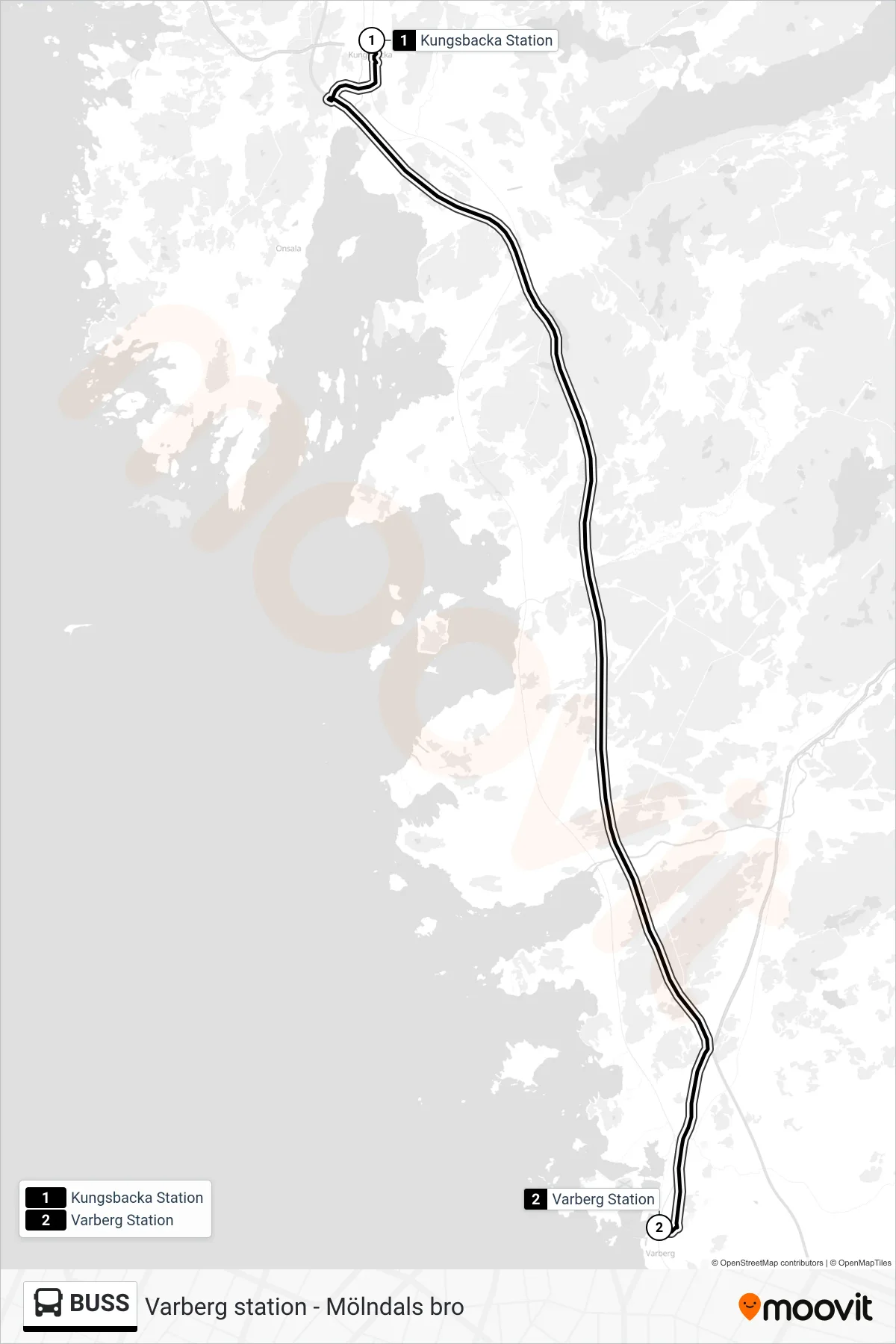 Rutt och hållplatser på karta för linje BUSS  spårvagn, (Varberg Station)