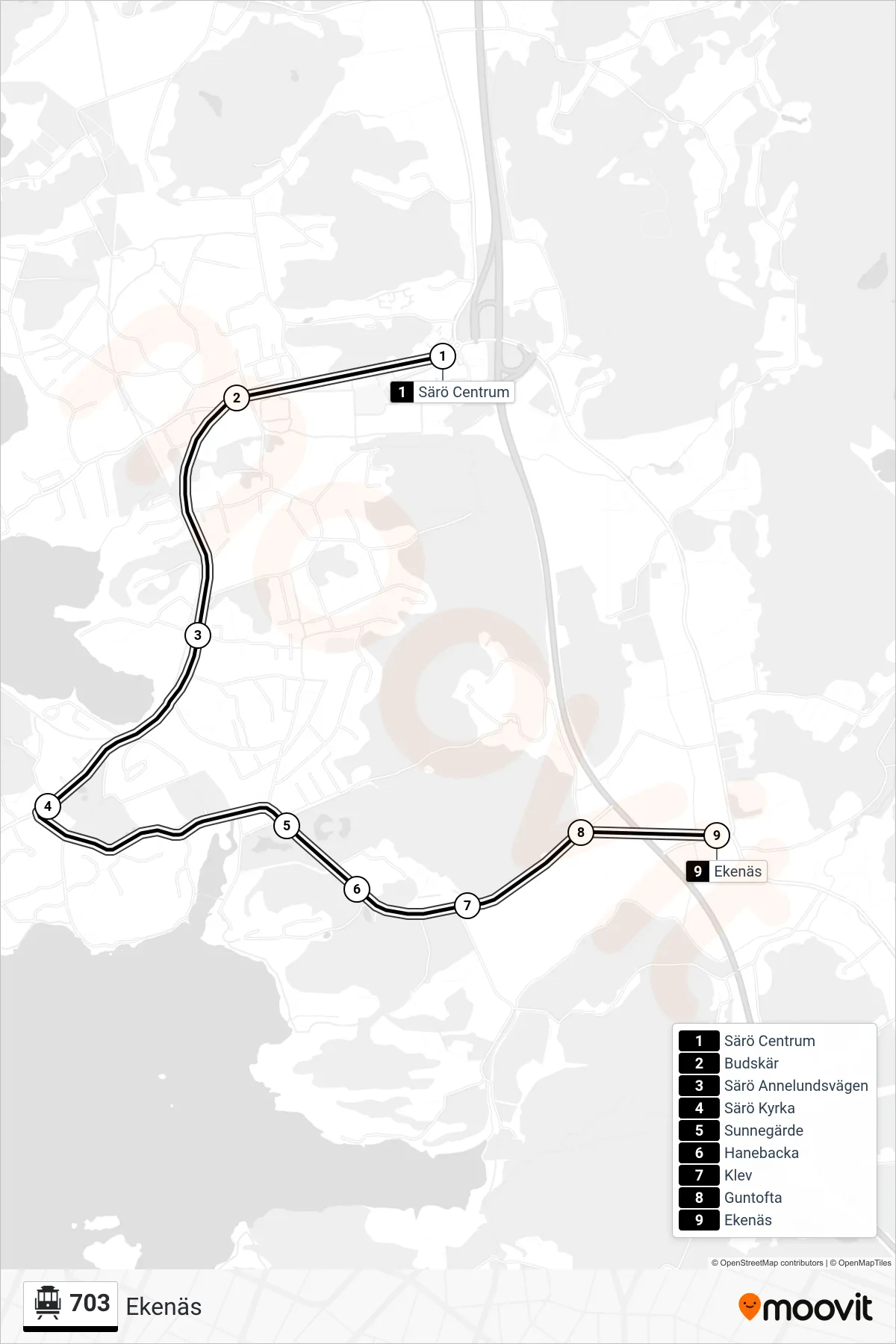 Rutt och hållplatser på karta för linje 703  spårvagn, (Ekenäs)