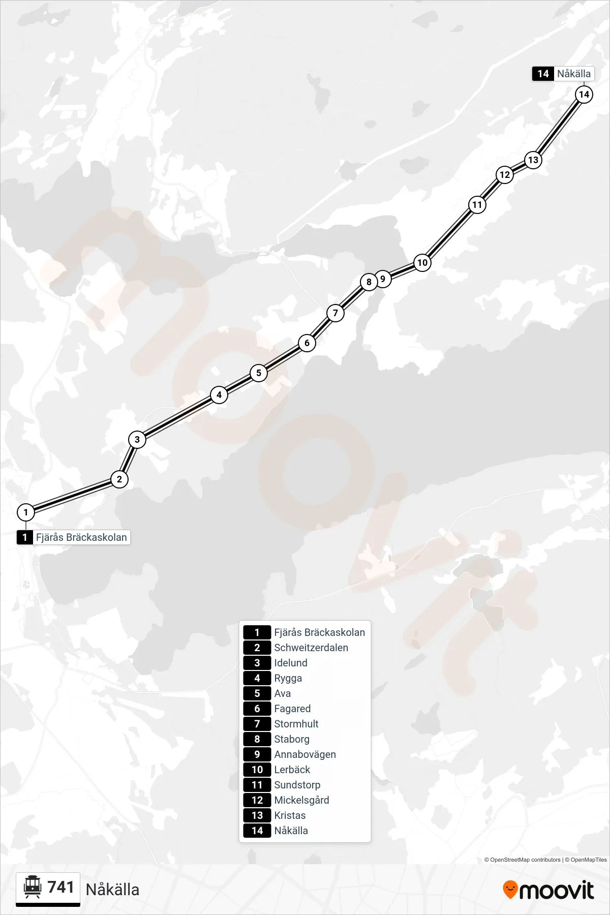 Rutt och hållplatser på karta för linje 741  spårvagn, (Nåkälla)