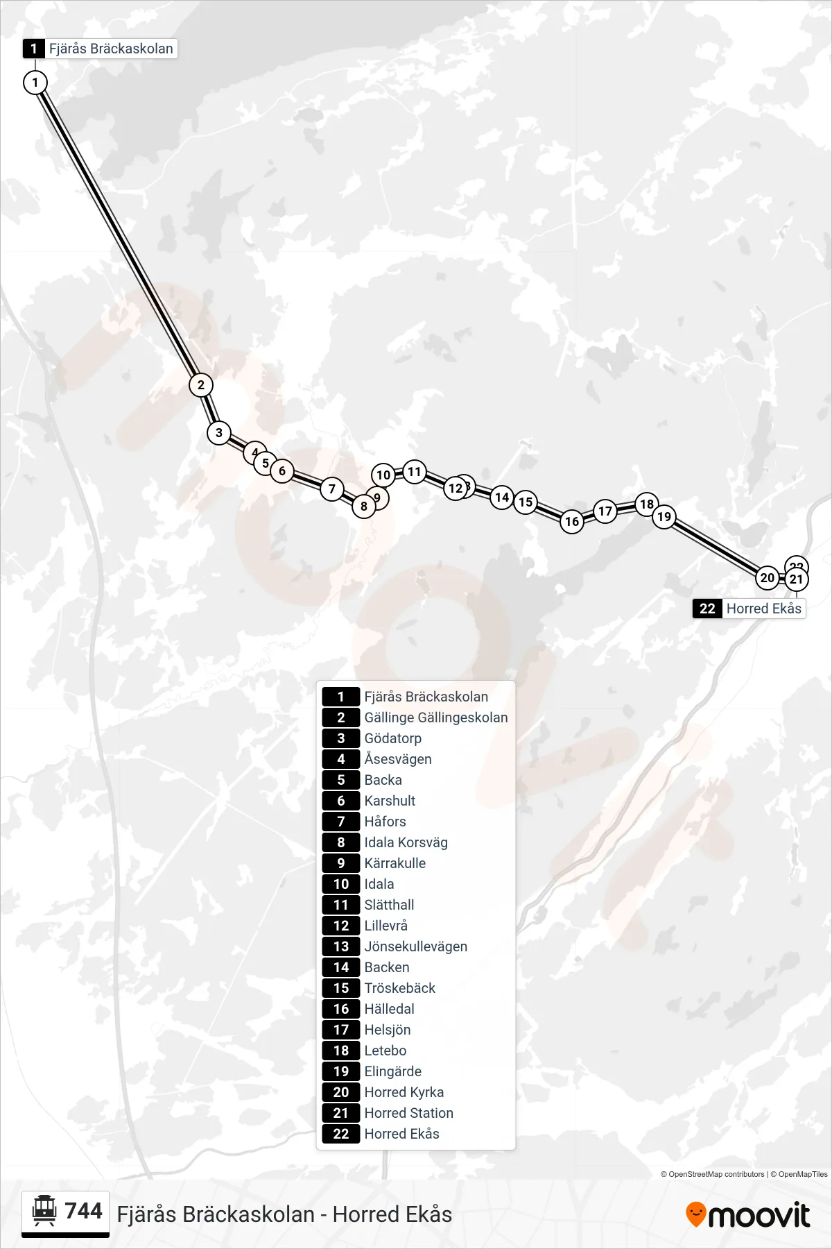Rutt och hållplatser på karta för linje 744 spårvagn, (Horred Ekås)