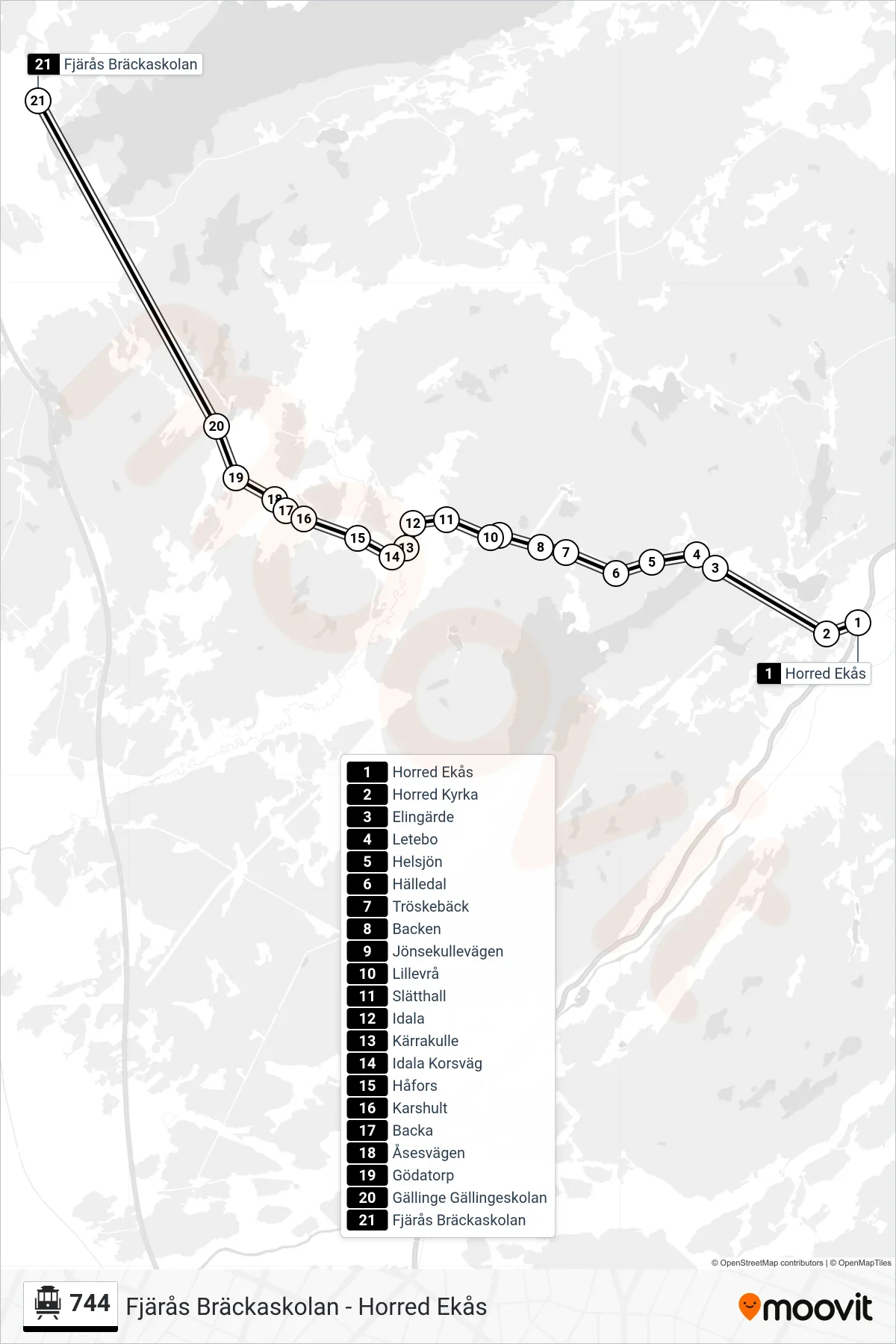 Rutt och hållplatser på karta för linje 744 spårvagn, (Fjärås Bräckaskolan)