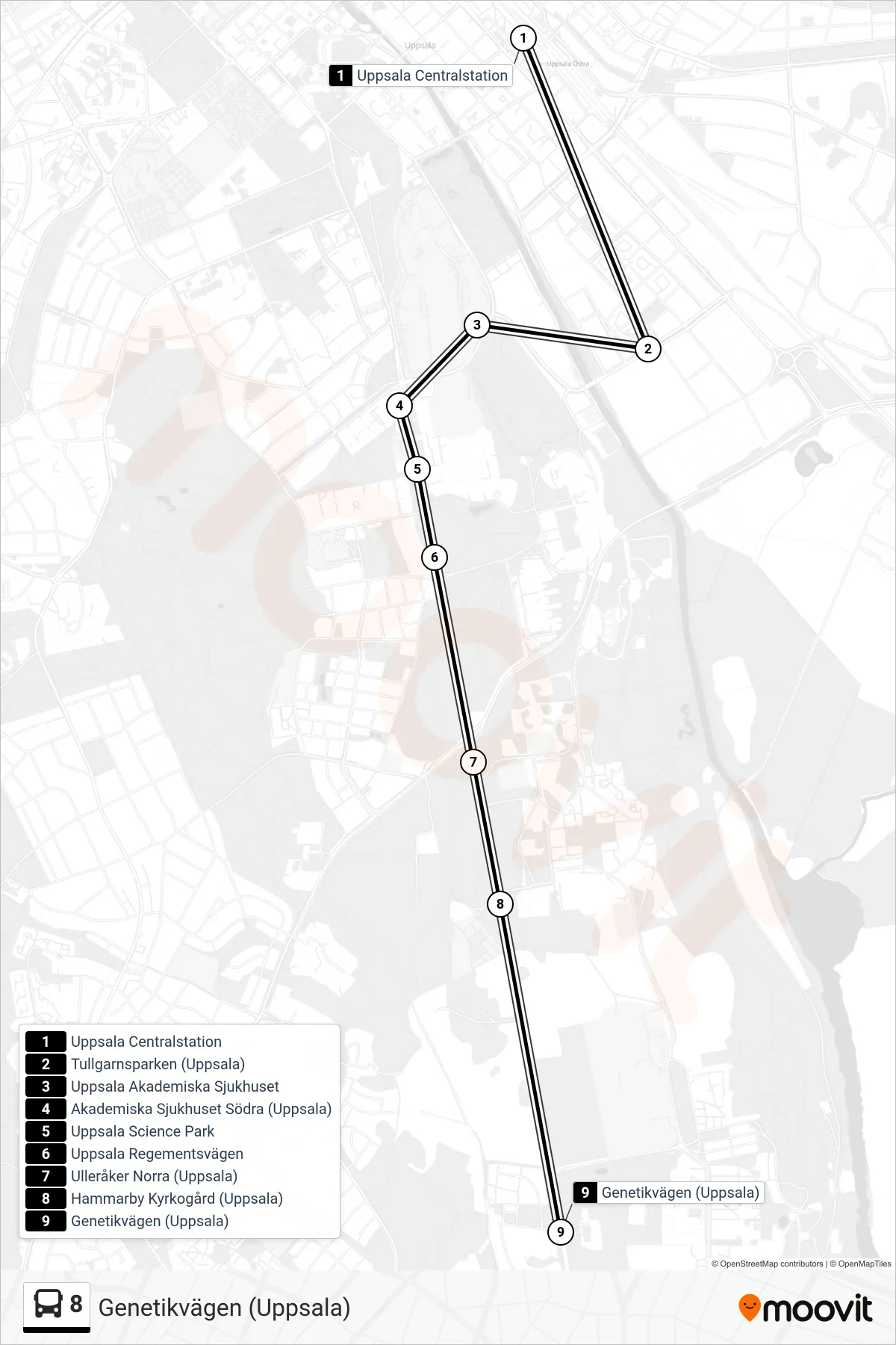 Rutt och hållplatser på karta för linje 8 spårvagn, (Genetikvägen (Uppsala))