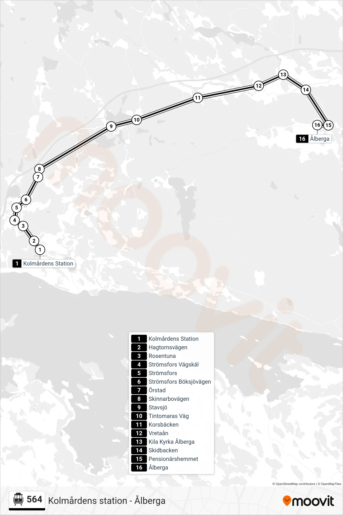 Rutt och hållplatser på karta för linje 564 spårvagn, (Ålberga)