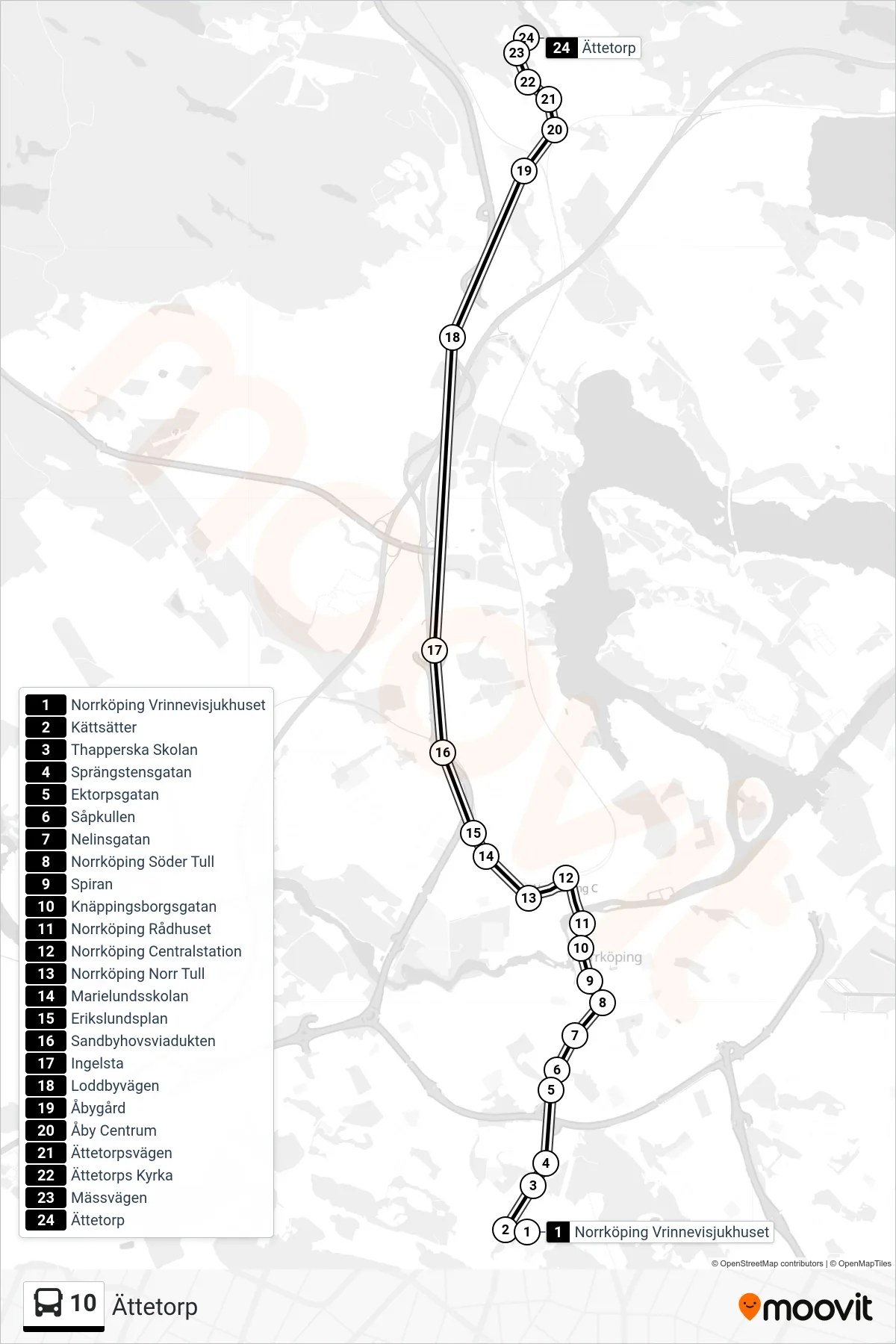 Rutt och hållplatser på karta för linje 10 spårvagn, (Ättetorp)