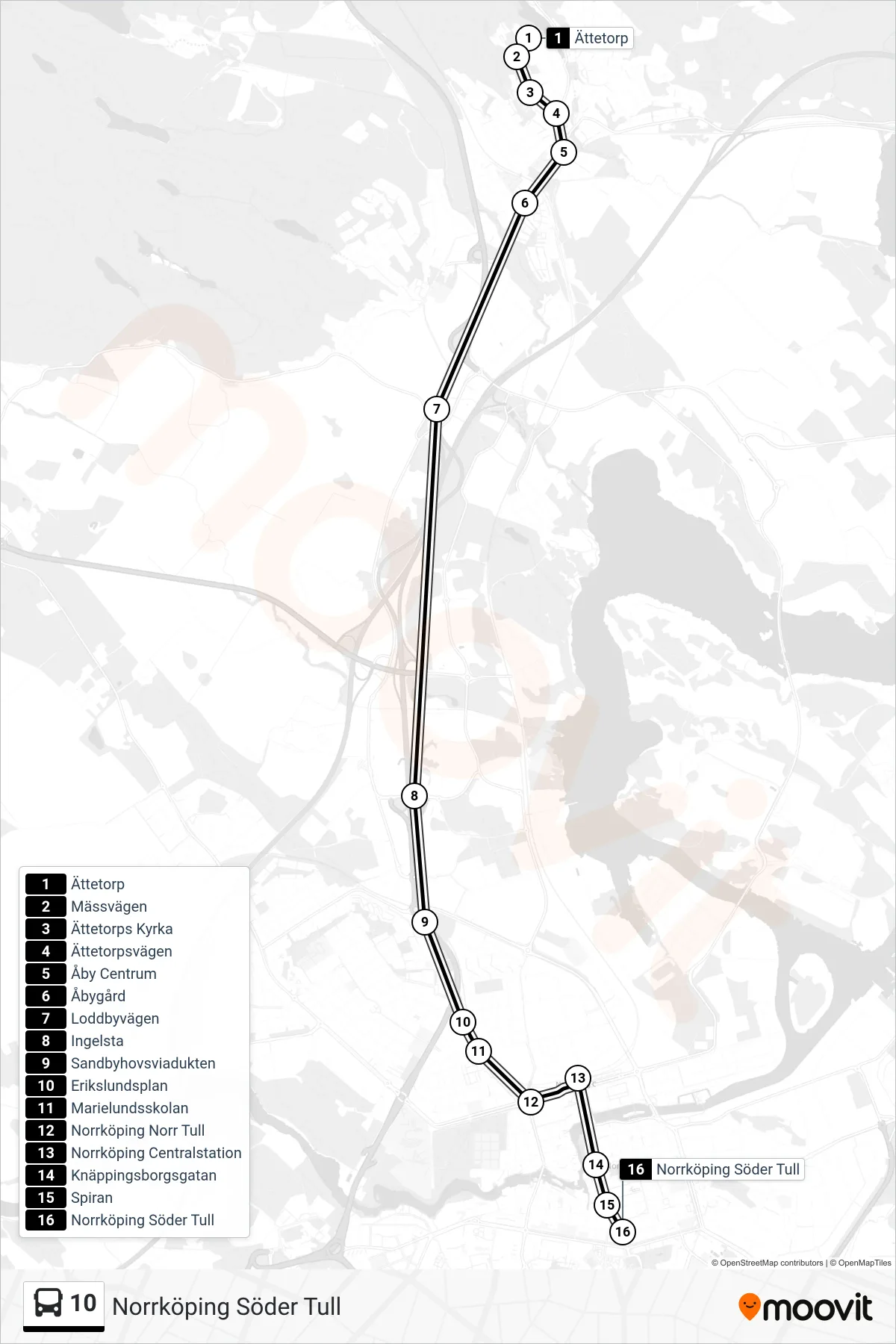 Rutt och hållplatser på karta för linje 10 spårvagn, (Norrköping Söder Tull)