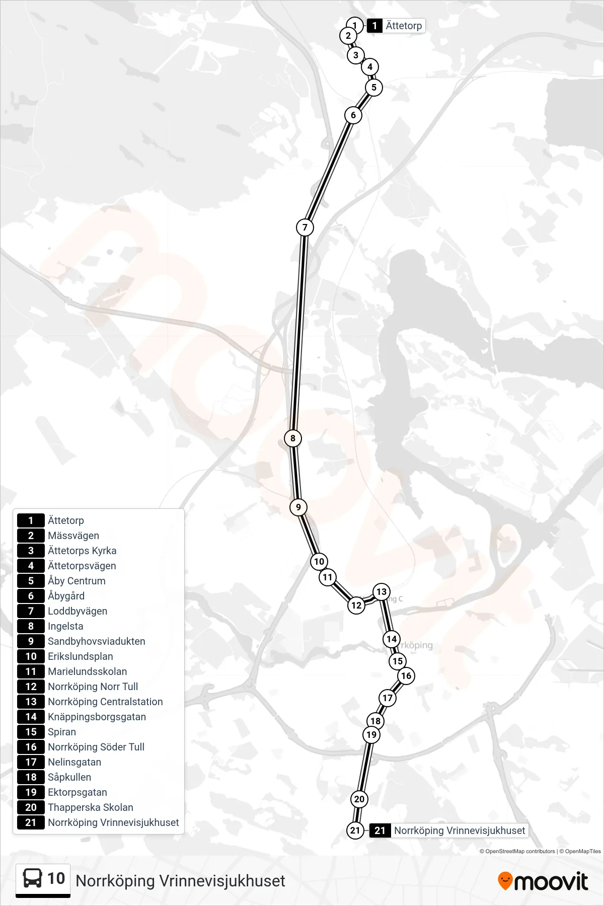 Rutt och hållplatser på karta för linje 10  spårvagn, (Norrköping Vrinnevisjukhuset)