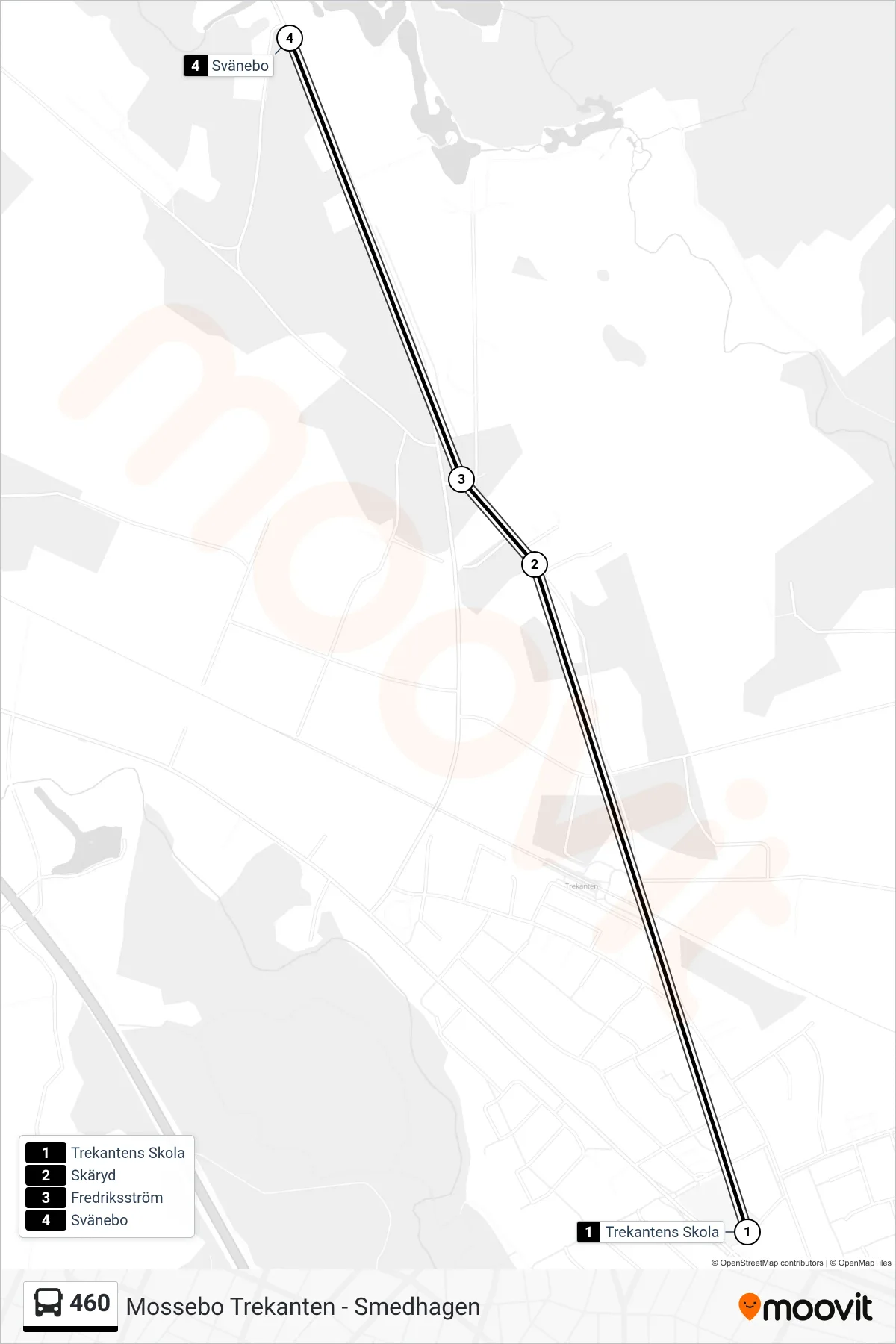 Rutt och hållplatser på karta för linje 460  spårvagn, (Svänebo)