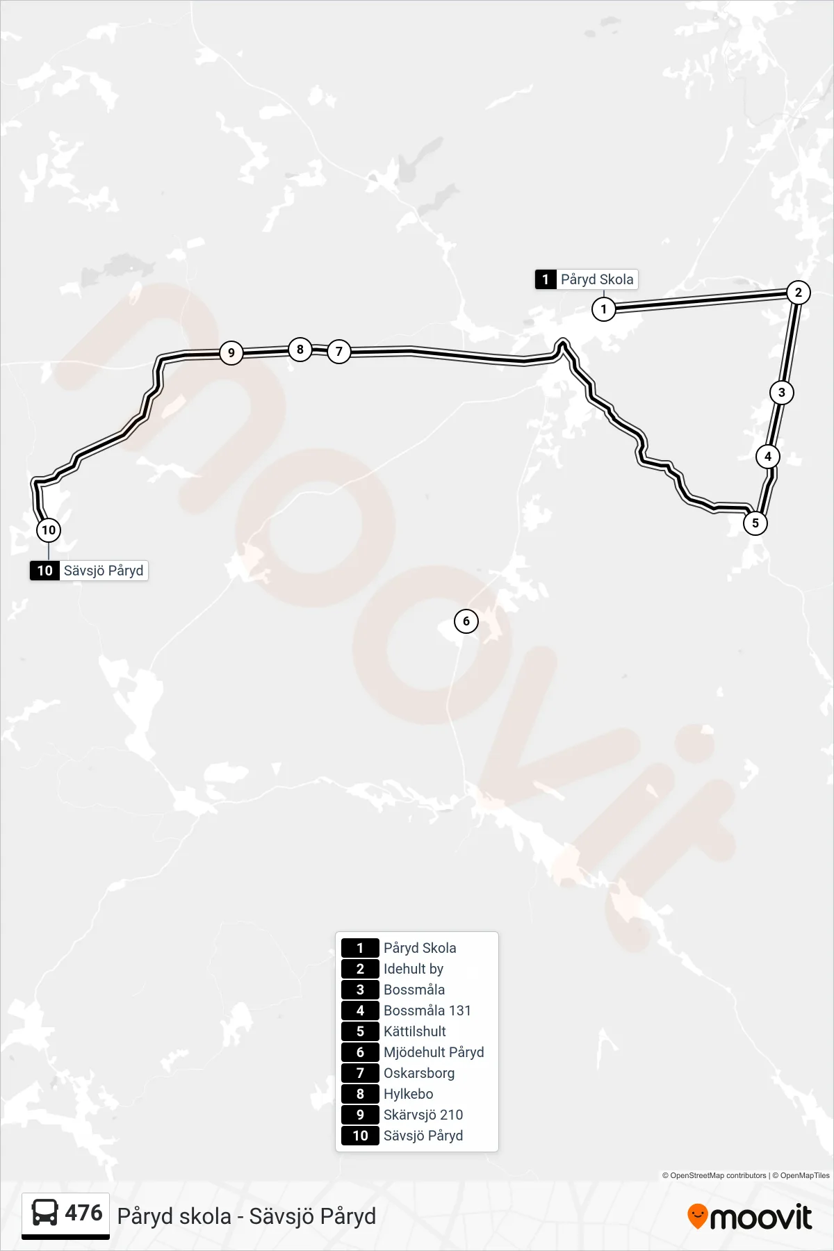 Rutt och hållplatser på karta för linje 476  spårvagn, (Sävsjö Påryd)