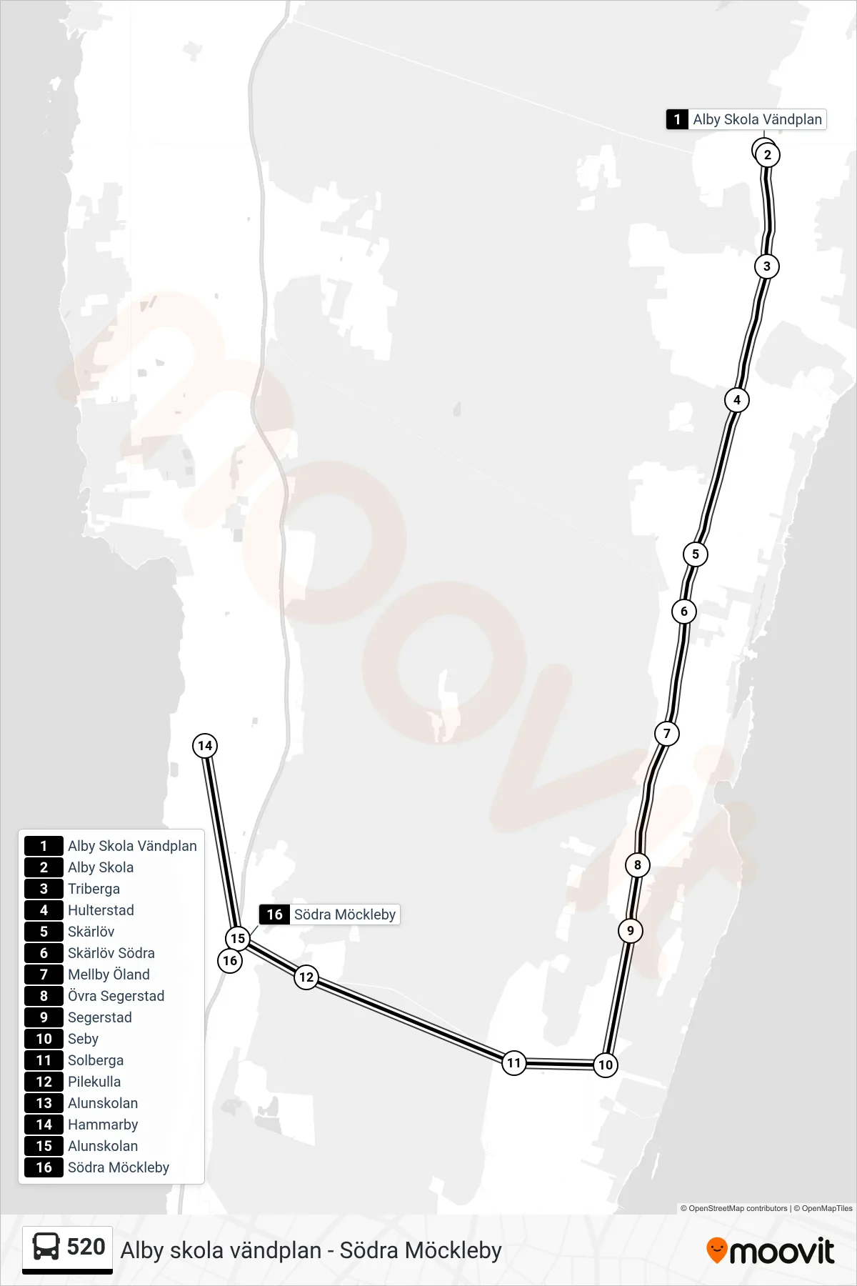 Rutt och hållplatser på karta för linje 520  spårvagn, (Södra Möckleby)
