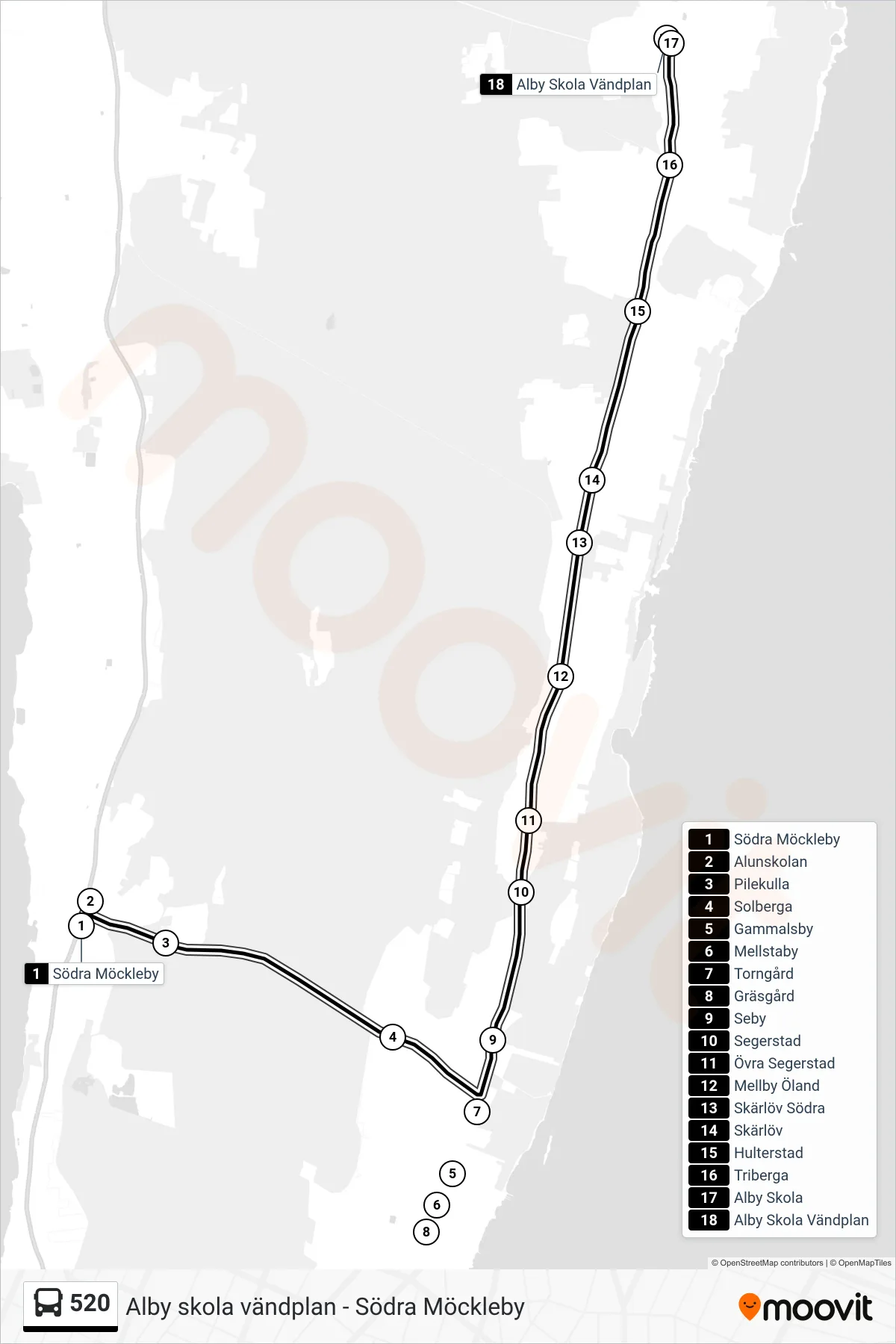 Rutt och hållplatser på karta för linje 520 spårvagn, (Alby Skola Vändplan)
