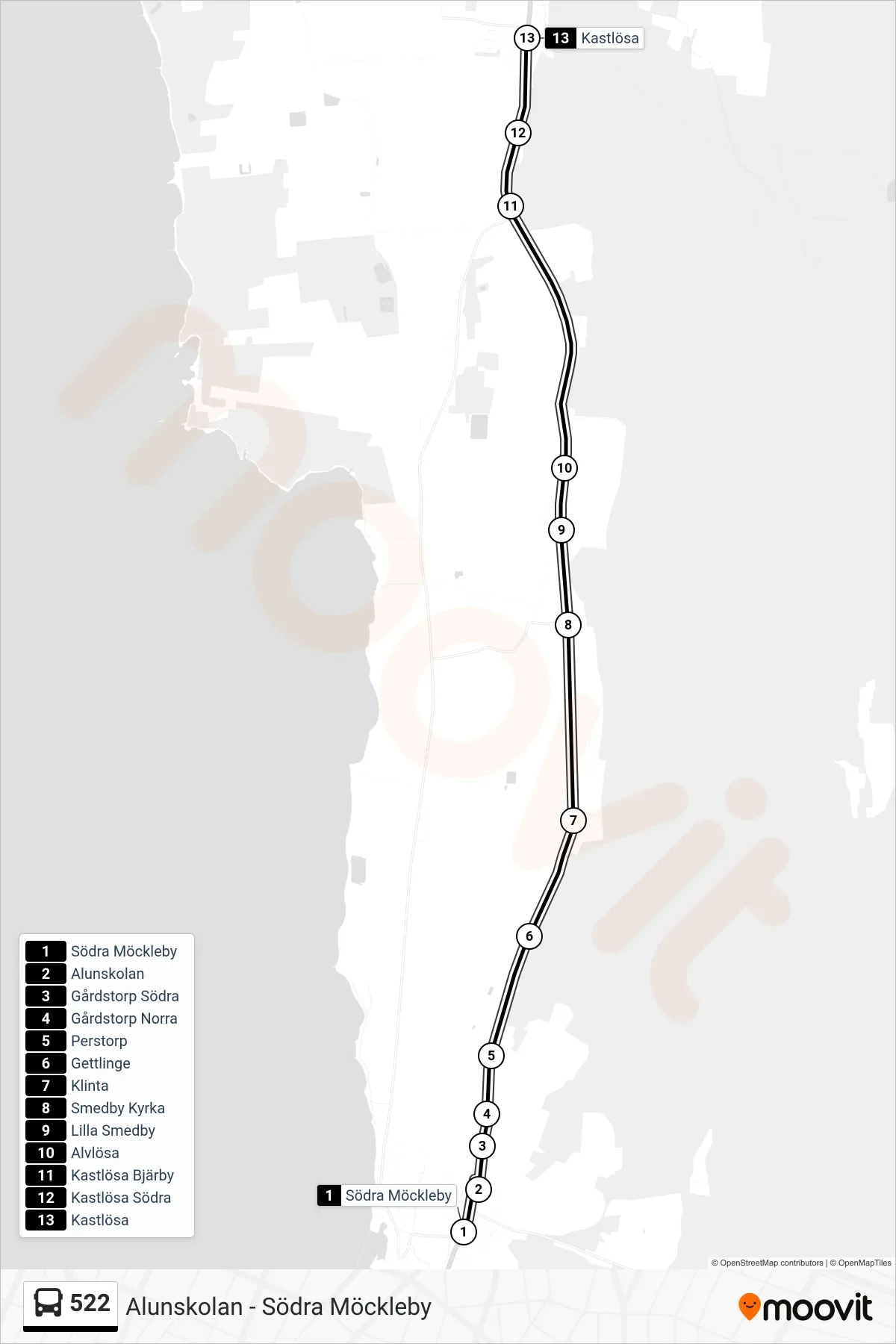 Rutt och hållplatser på karta för linje 522  spårvagn, (Kastlösa)